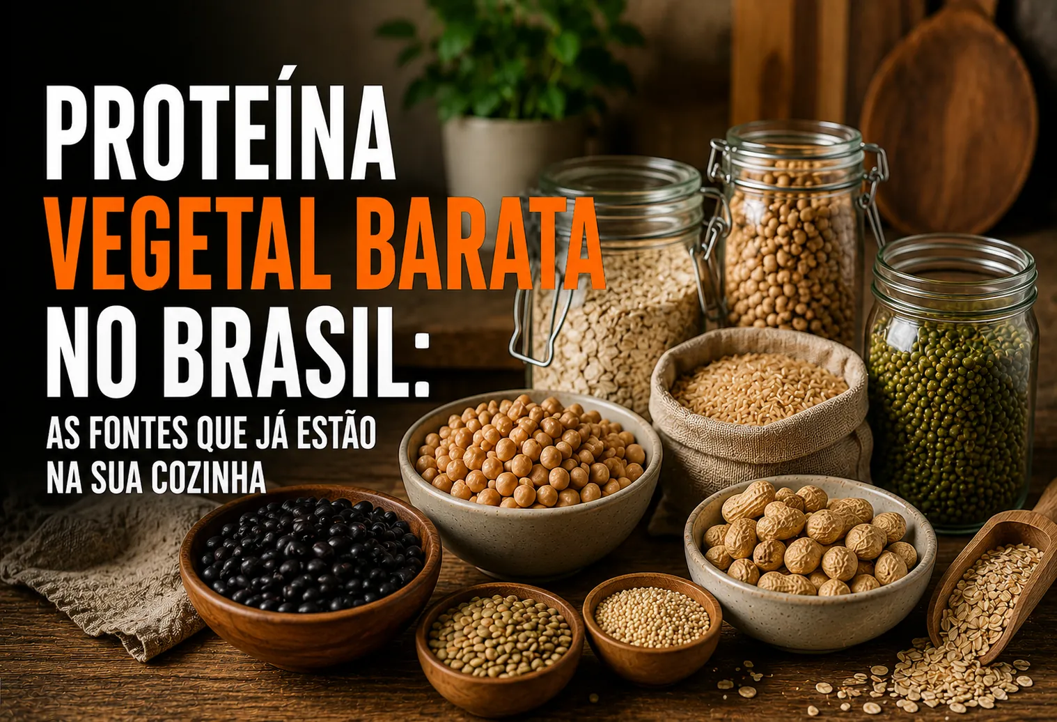 Mesa com potes de feijão, lentilha, grão de bico, tofu e pasta de amendoim, fontes de proteína vegetal baratas no Brasil