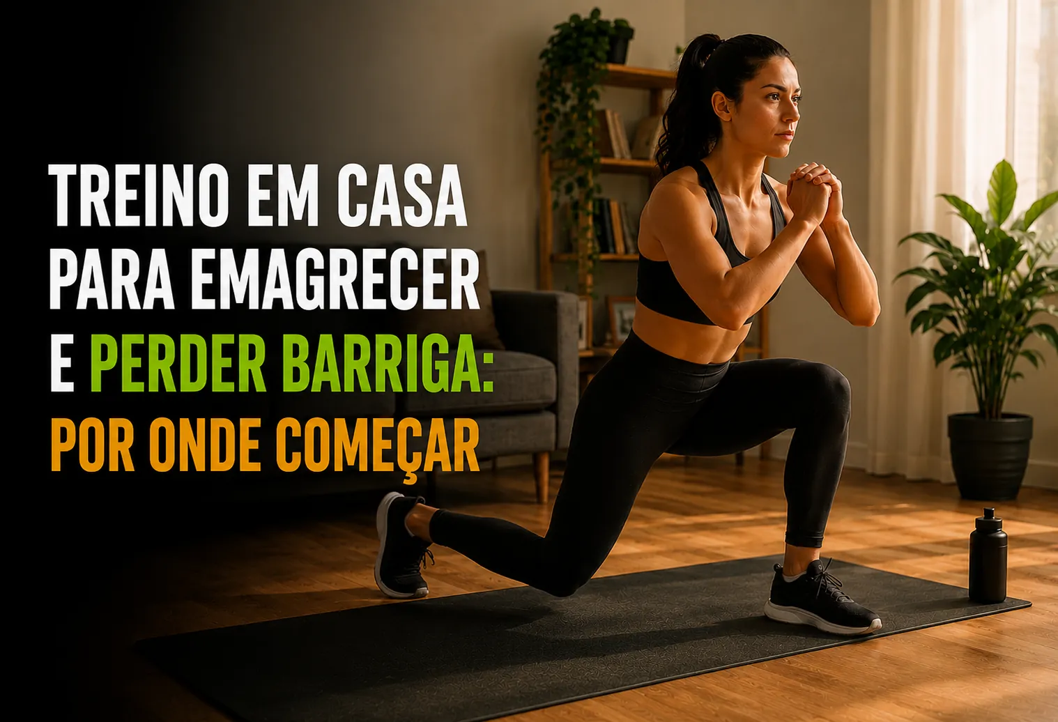 Mulher fazendo prancha no tapete da sala de casa, treino sem equipamento