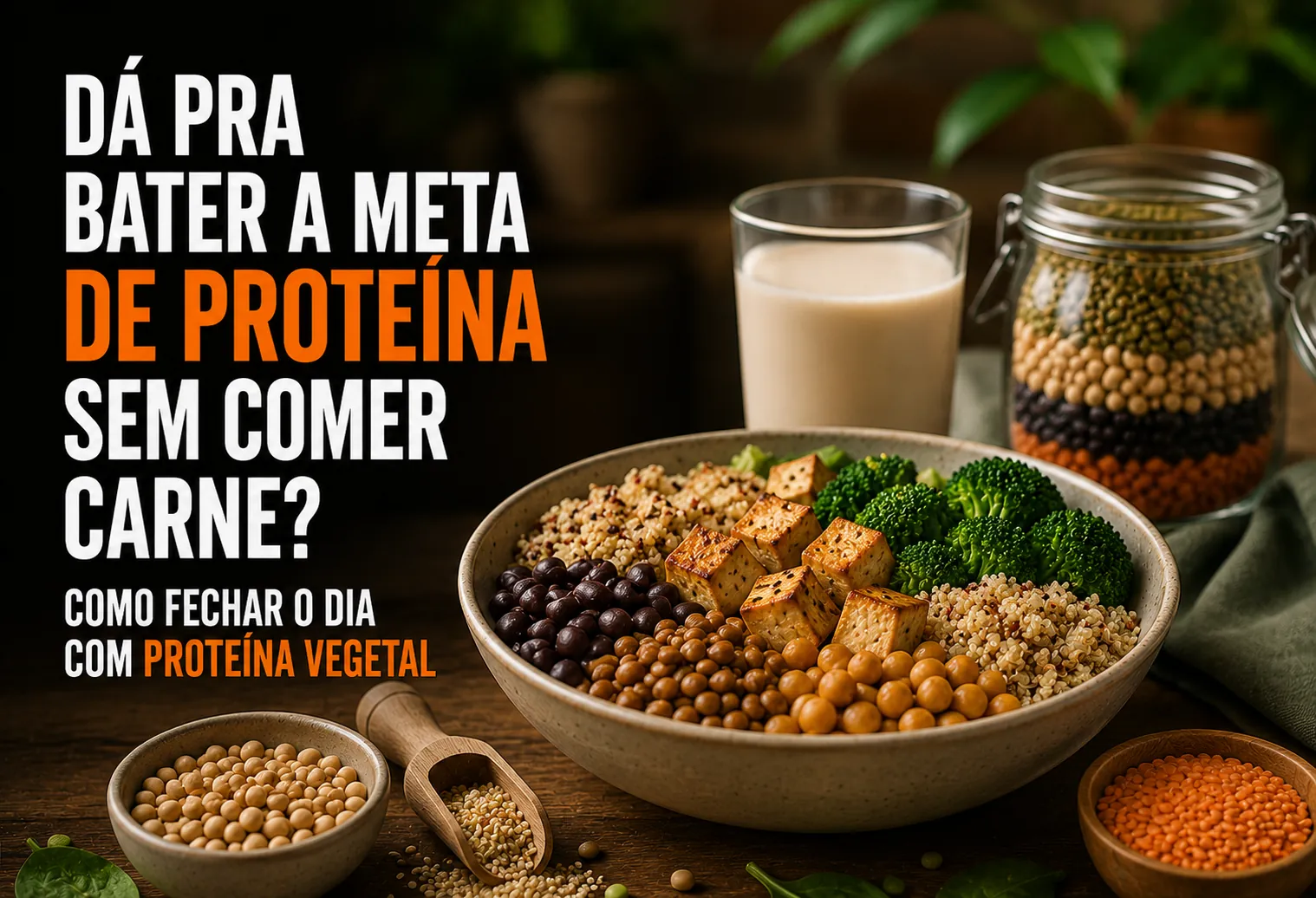 Prato brasileiro com arroz, feijão, tofu grelhado, ovo e grão de bico, fontes de proteína vegetal sobre a mesa