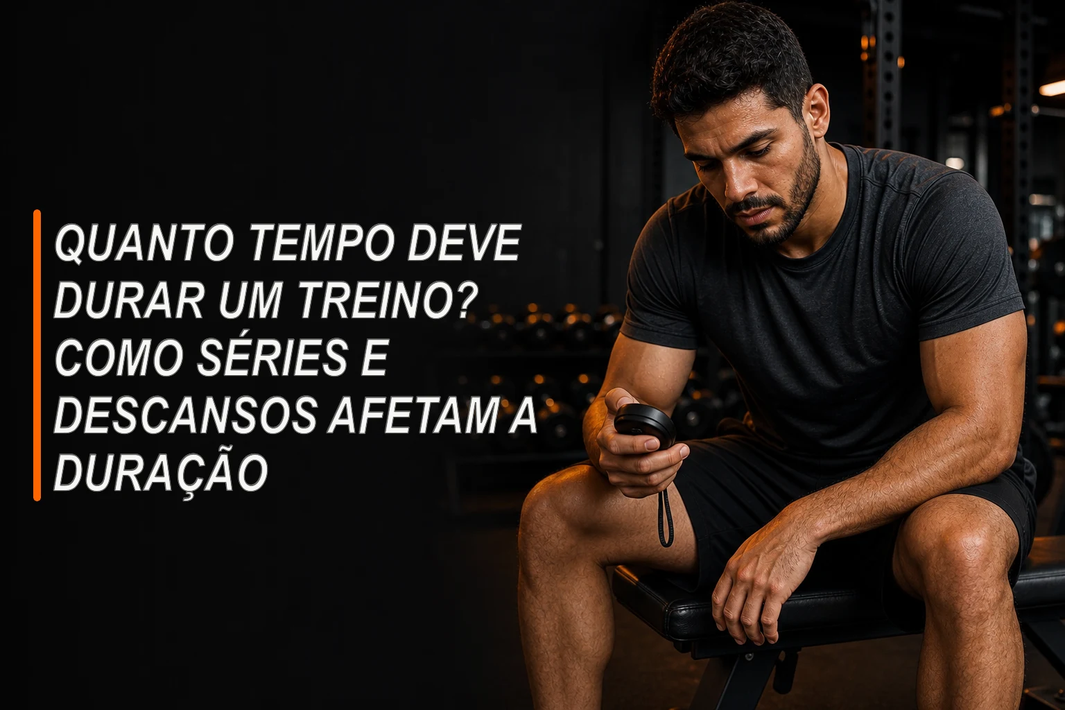 Pessoa adulta conferindo o cronômetro entre séries de musculação em uma academia escura