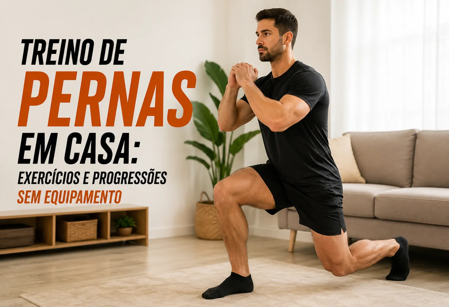 Pessoa fazendo agachamento sem equipamento na sala de casa