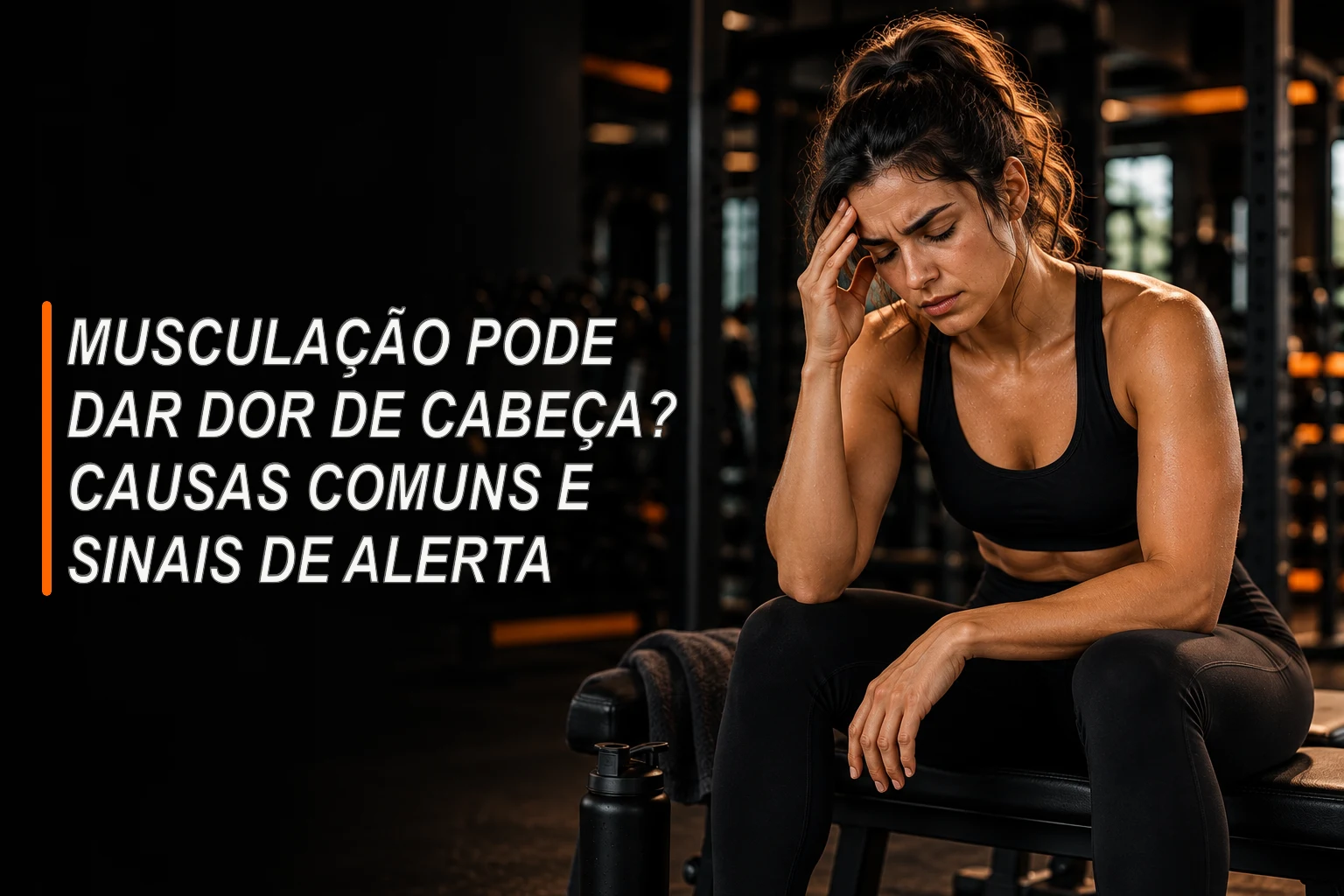 Pessoa interrompe uma série de musculação e leva a mão à cabeça em uma academia
