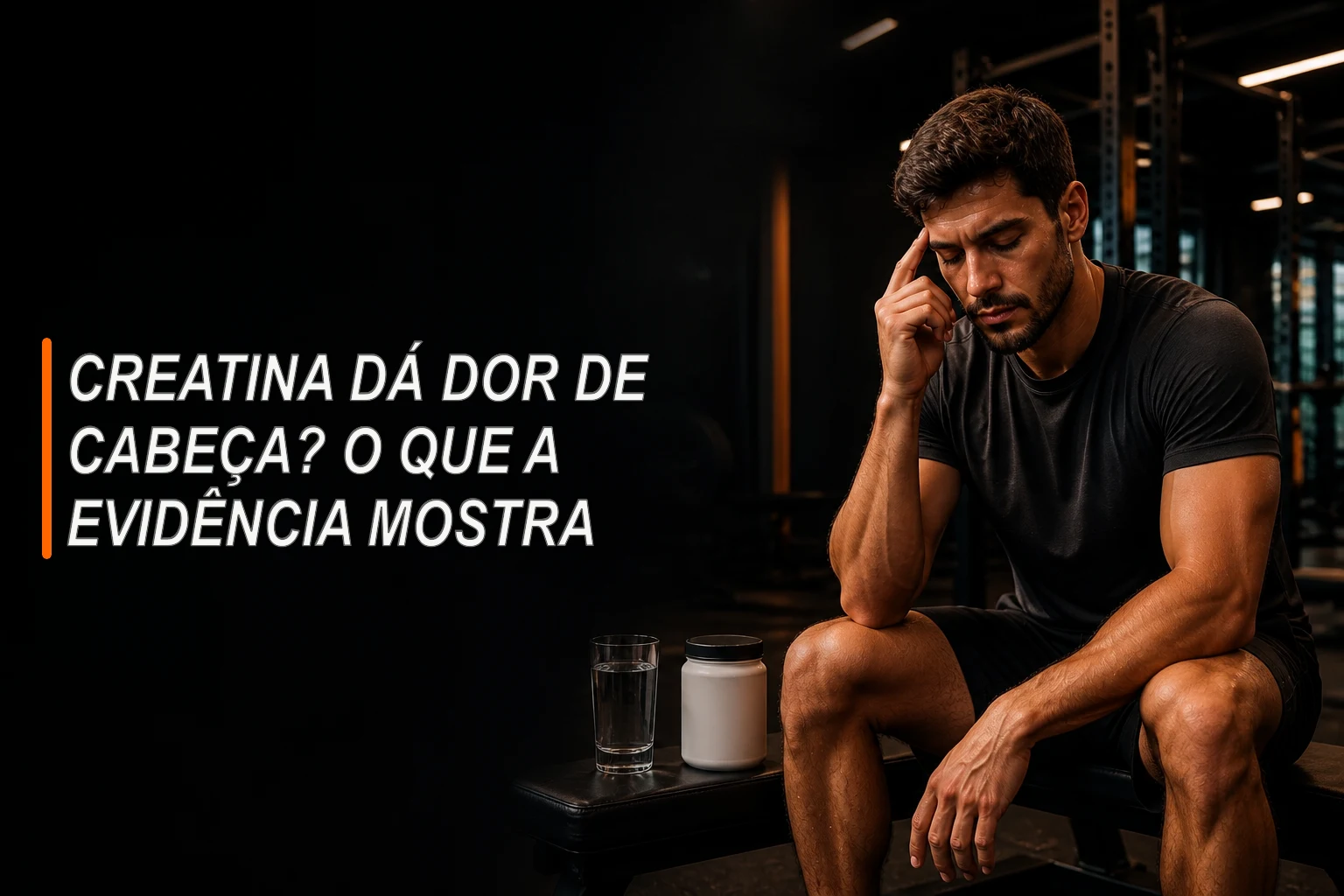 Homem após o treino toca a têmpora ao lado de um copo de água e um pote sem rótulo
