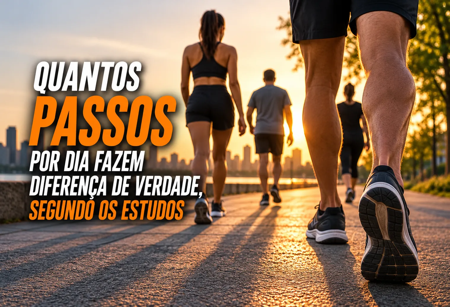 Pessoa caminhando numa calcada arborizada olhando o contador de passos no relogio