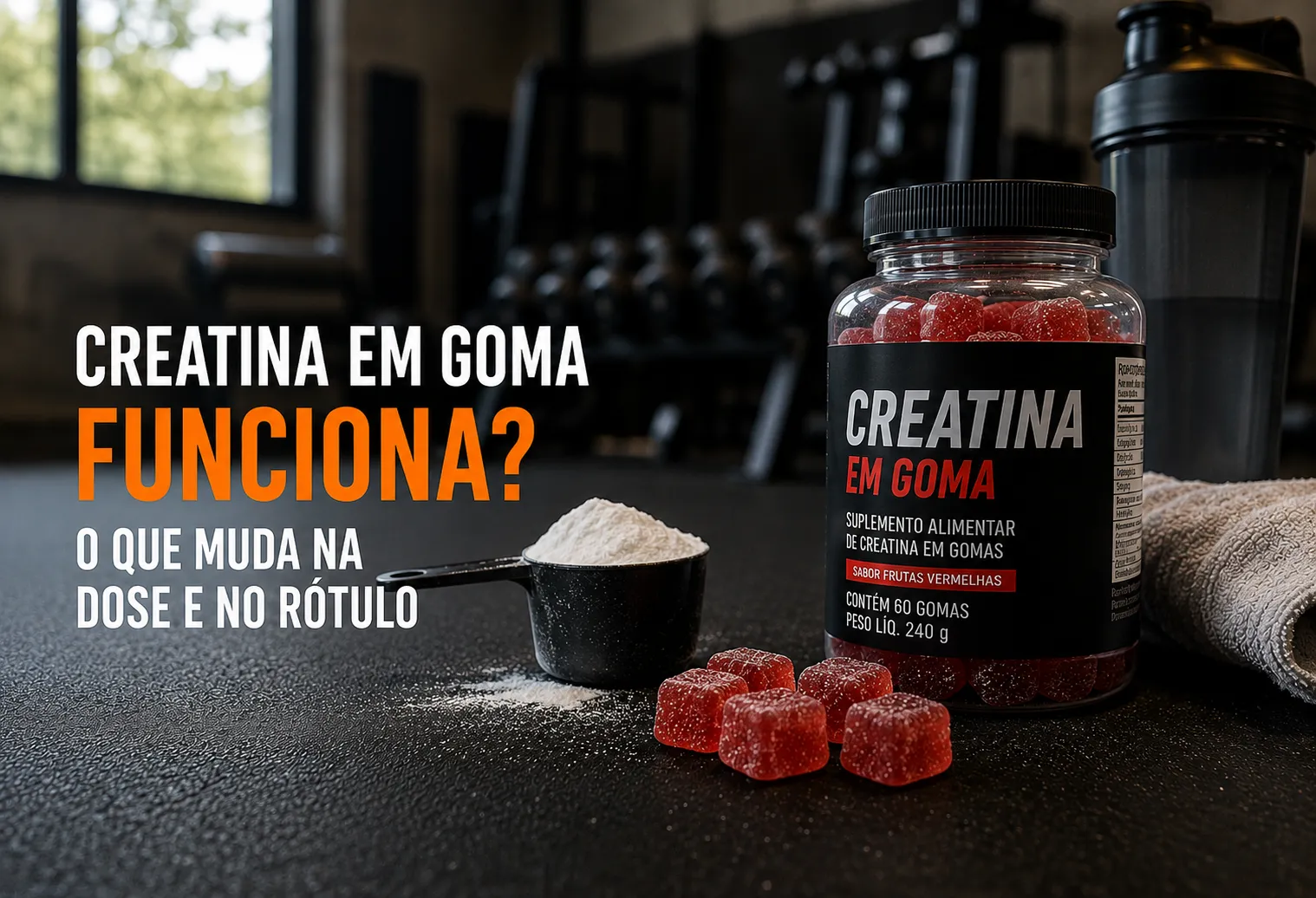 Gomas de creatina ao lado de um pote preto sem marca e de um medidor