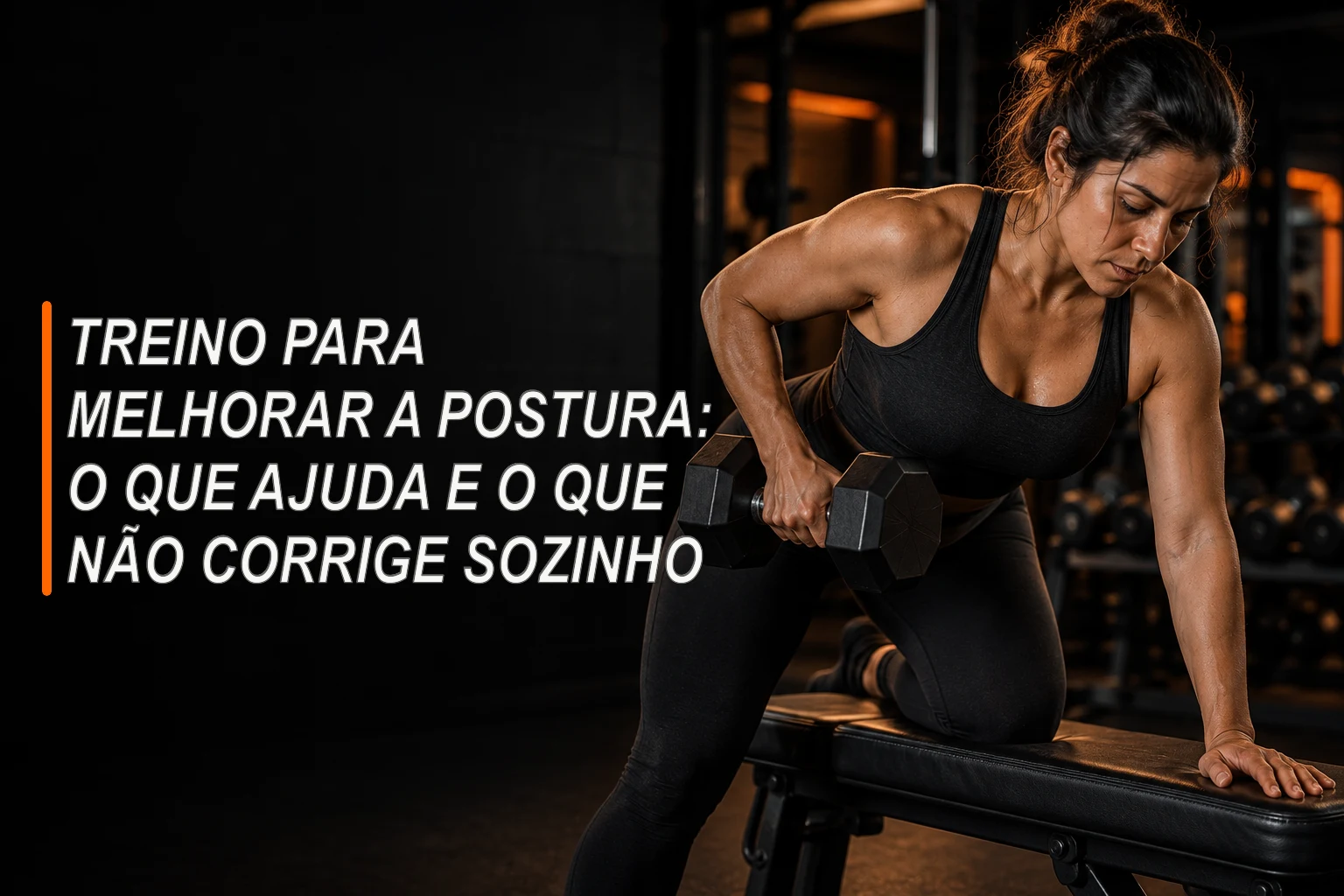 Mulher fazendo remada unilateral com halter, apoiada em um banco de academia