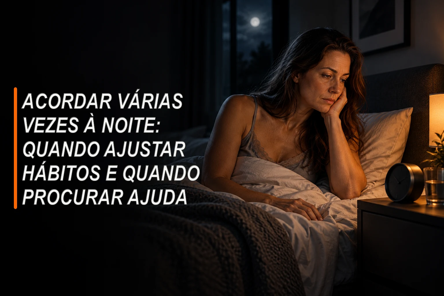 Pessoa sentada na cama durante a madrugada, em quarto escuro iluminado suavemente pela janela