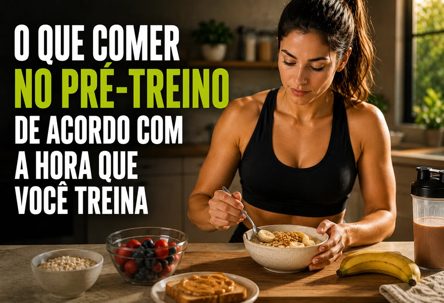 Banana, pão francês com geleia e um copo de suco de laranja sobre uma mesa, ao lado de uma garrafa de água e uma bolsa de academia