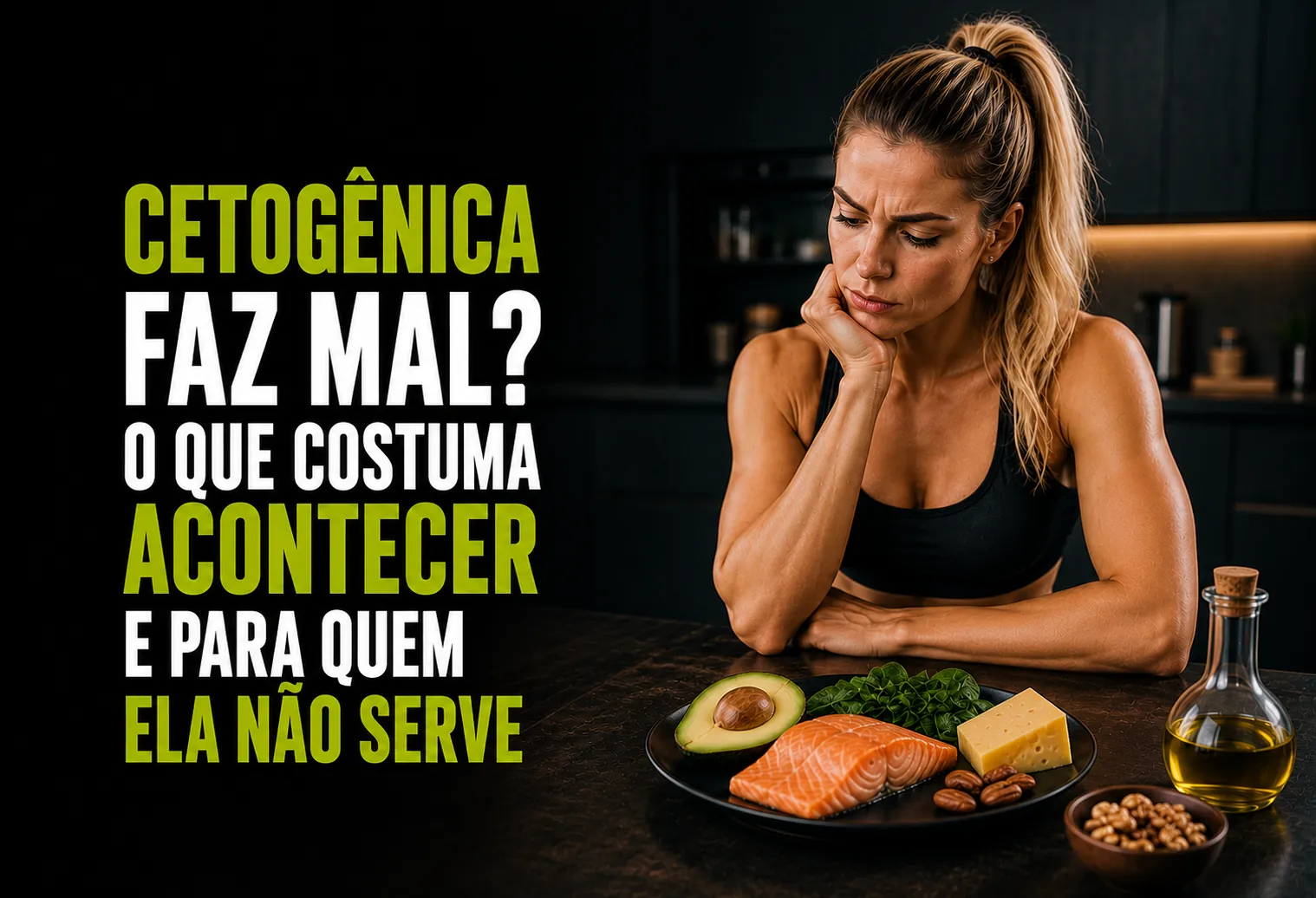 Prato com salmão, abacate, queijo, nozes e folhas verdes sobre uma bancada de cozinha escura, ao lado de uma pessoa pensativa e de uma garrafa de azeite