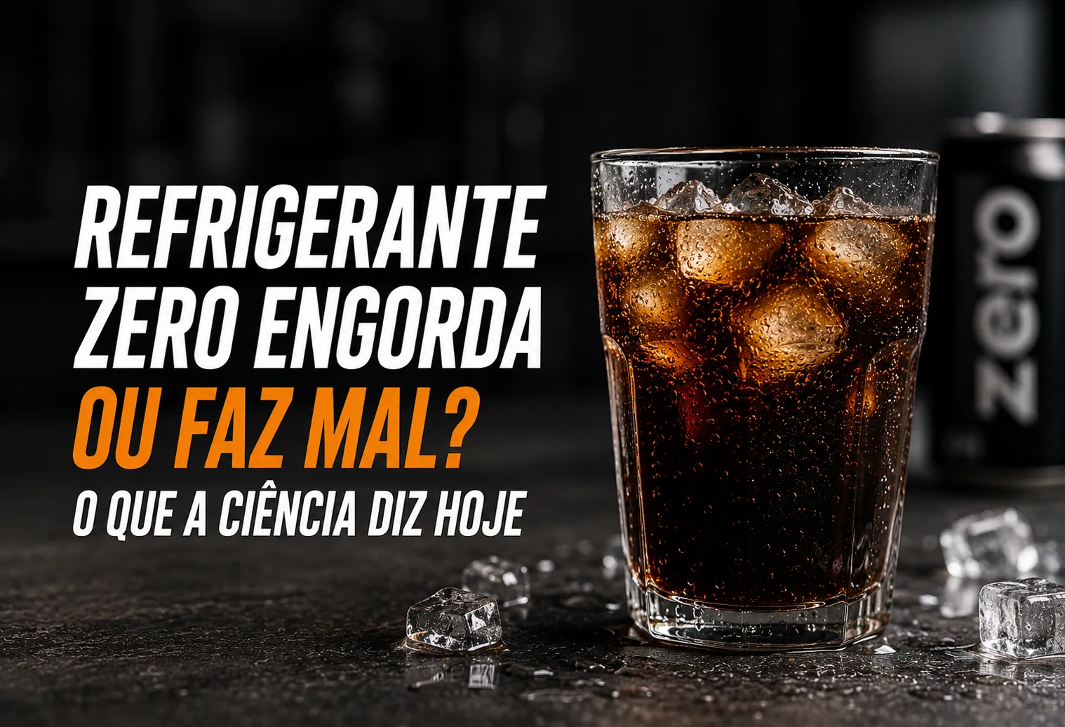 Lata de refrigerante zero gelada ao lado de um copo com água gaseificada e rodelas de limão sobre uma mesa clara.
