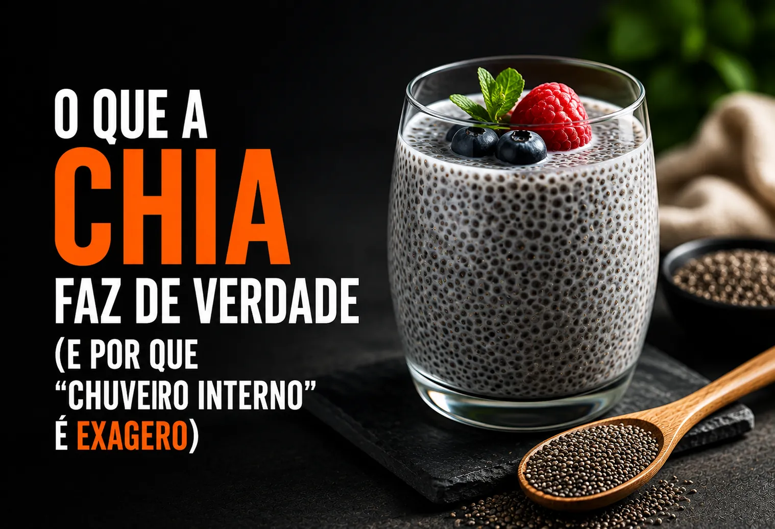 Colher de sementes de chia ao lado de um copo com água e o gel de chia formado, sobre uma mesa clara.