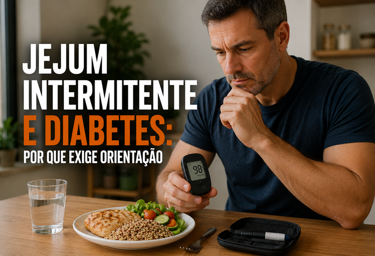 Pessoa diante do café da manhã com medidor de glicose genérico sobre a mesa