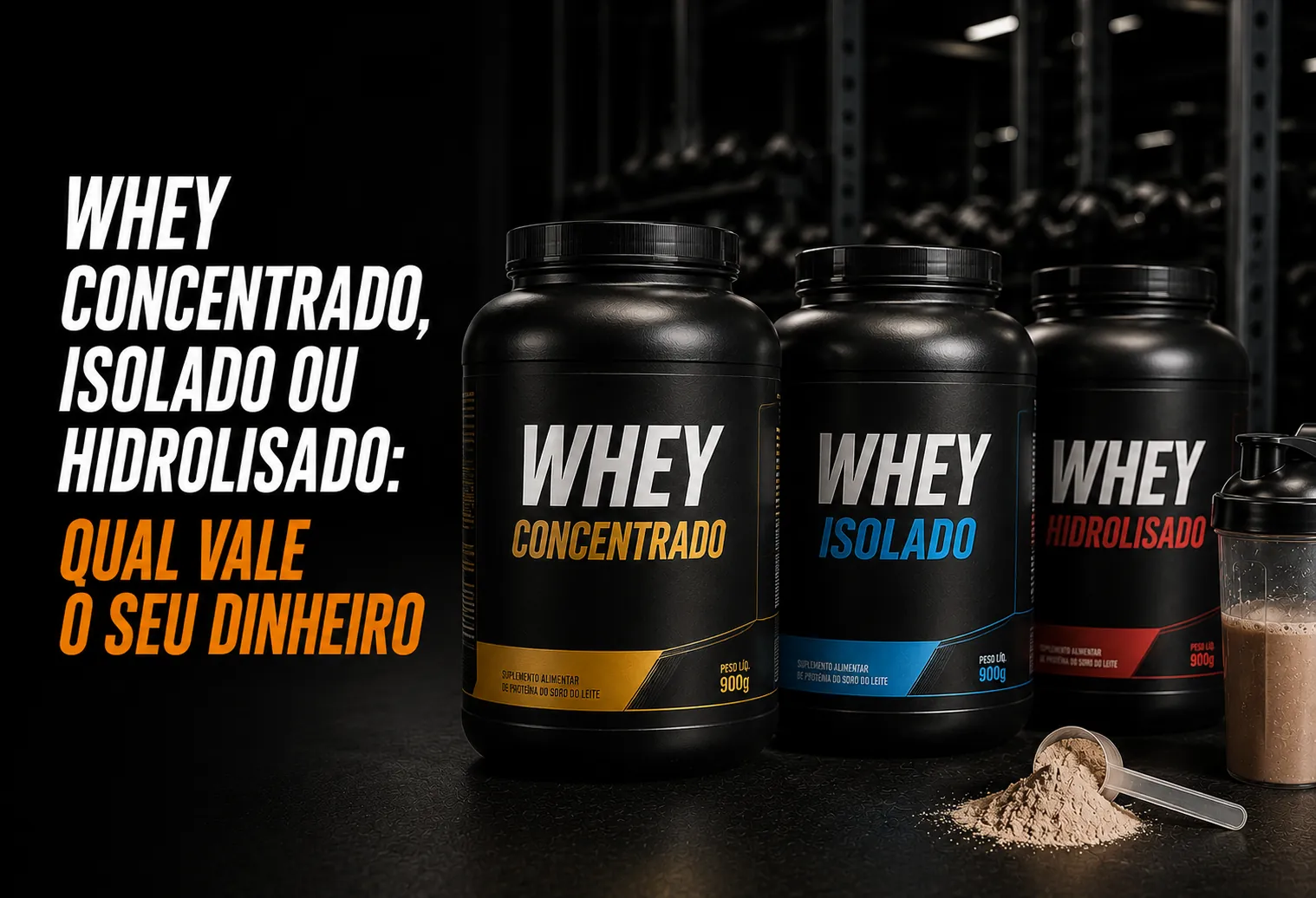 Três potes de whey protein lado a lado numa prateleira de loja de suplementos, com uma colher dosadora cheia de pó ao lado.