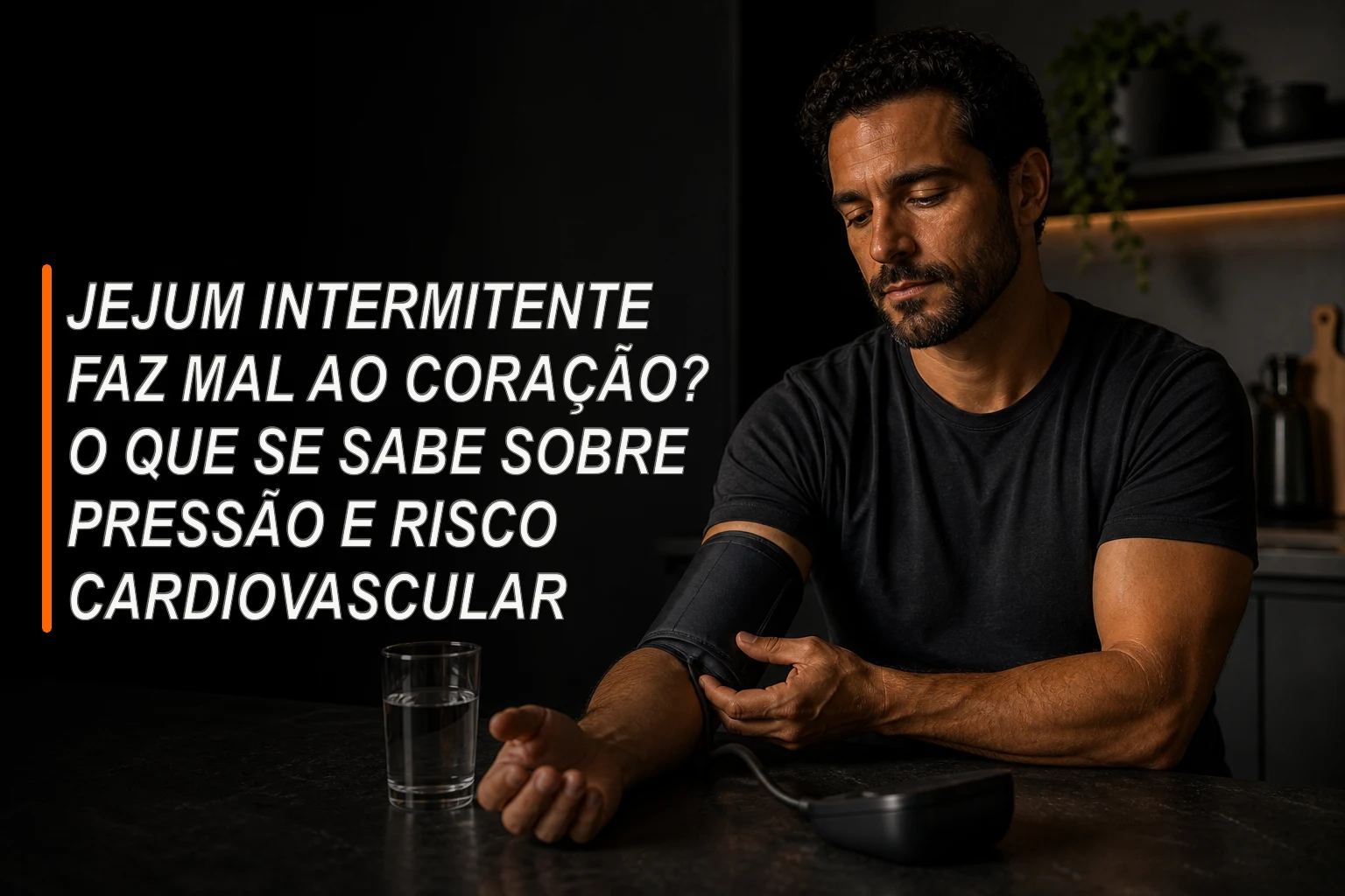 Pessoa verificando a pressão arterial ao lado de um relógio e uma refeição equilibrada