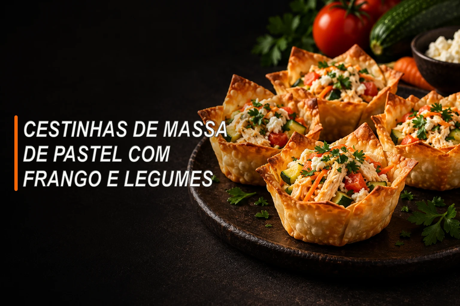 Cestinhas assadas douradas recheadas com frango desfiado, legumes e ricota em um prato escuro.
