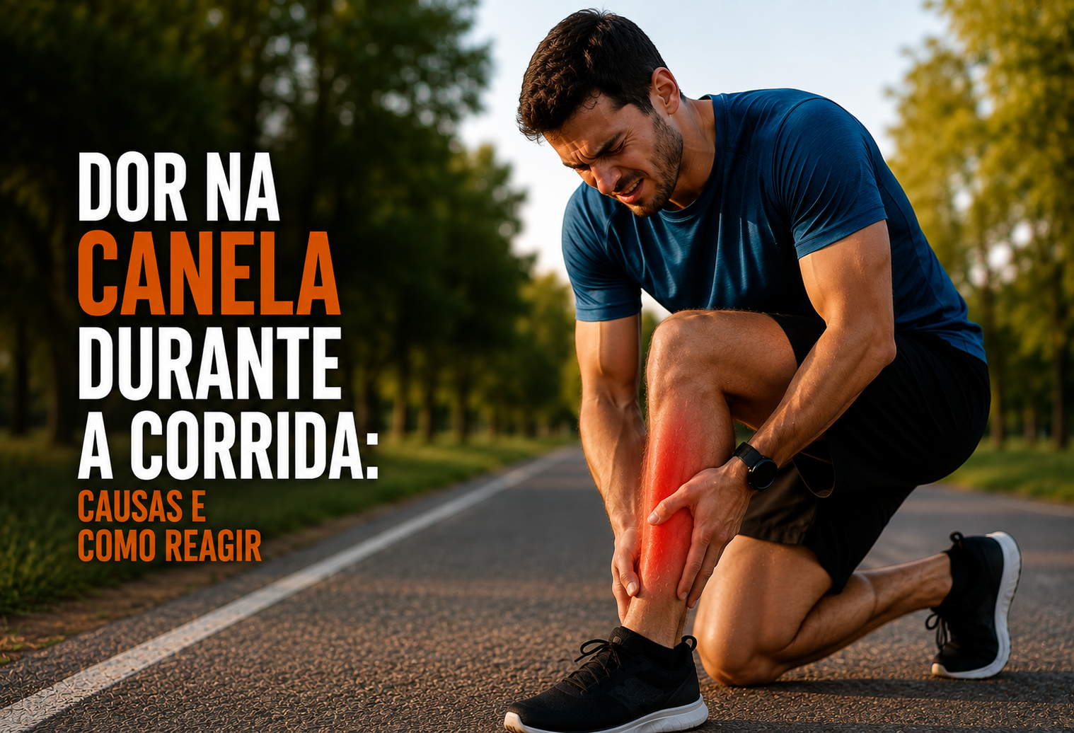 Pessoa parada em uma pista arborizada tocando a região da canela