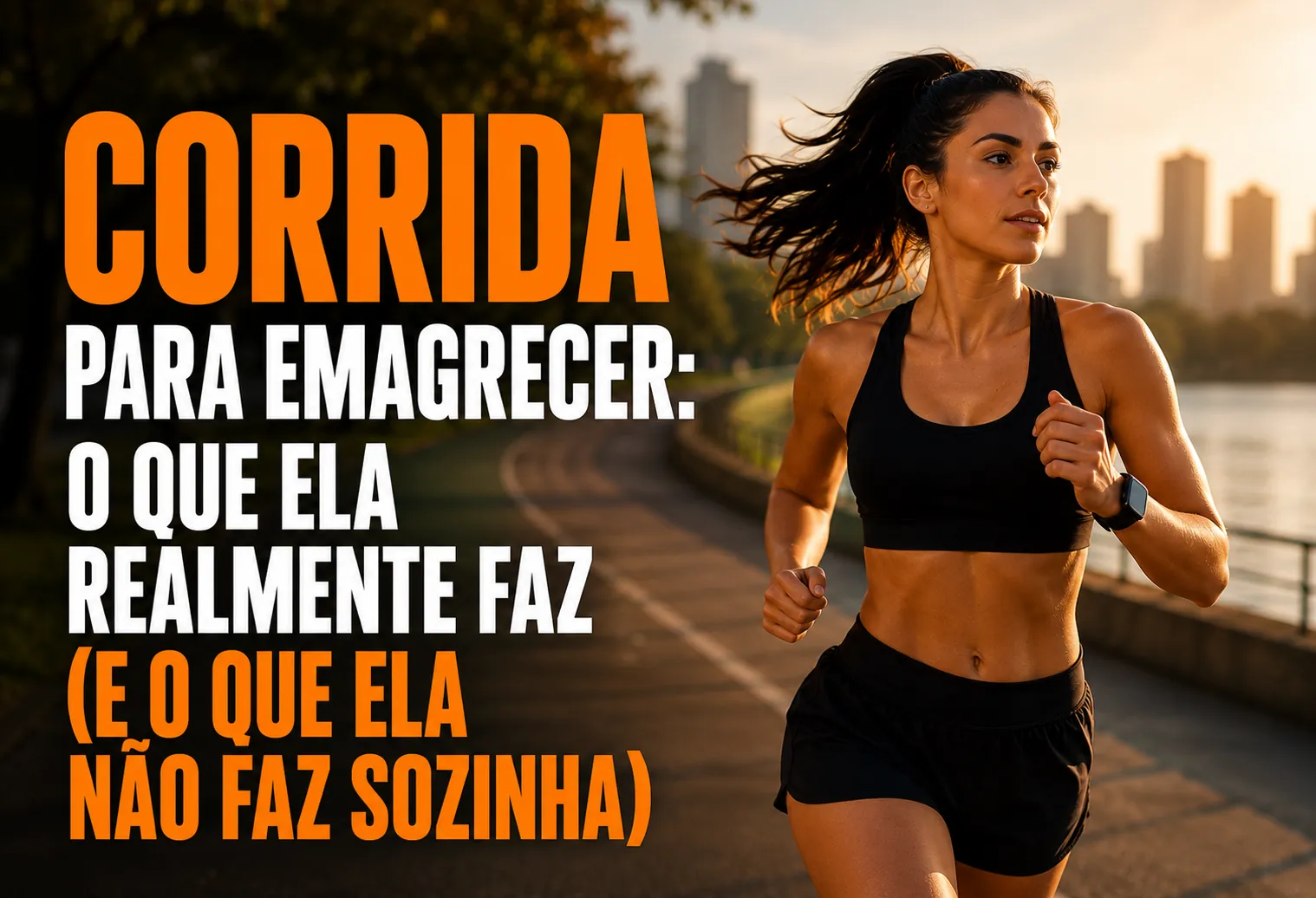 Corredor em ritmo moderado numa avenida arborizada ao amanhecer, visto de lado