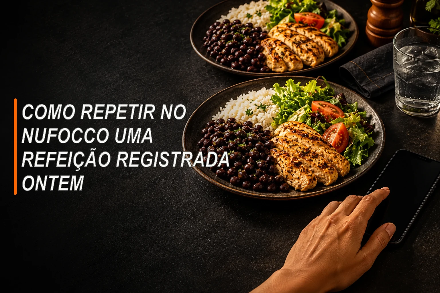 Dois pratos semelhantes de arroz, feijão, frango e salada ao lado de uma mão tocando um celular sem conteúdo na tela