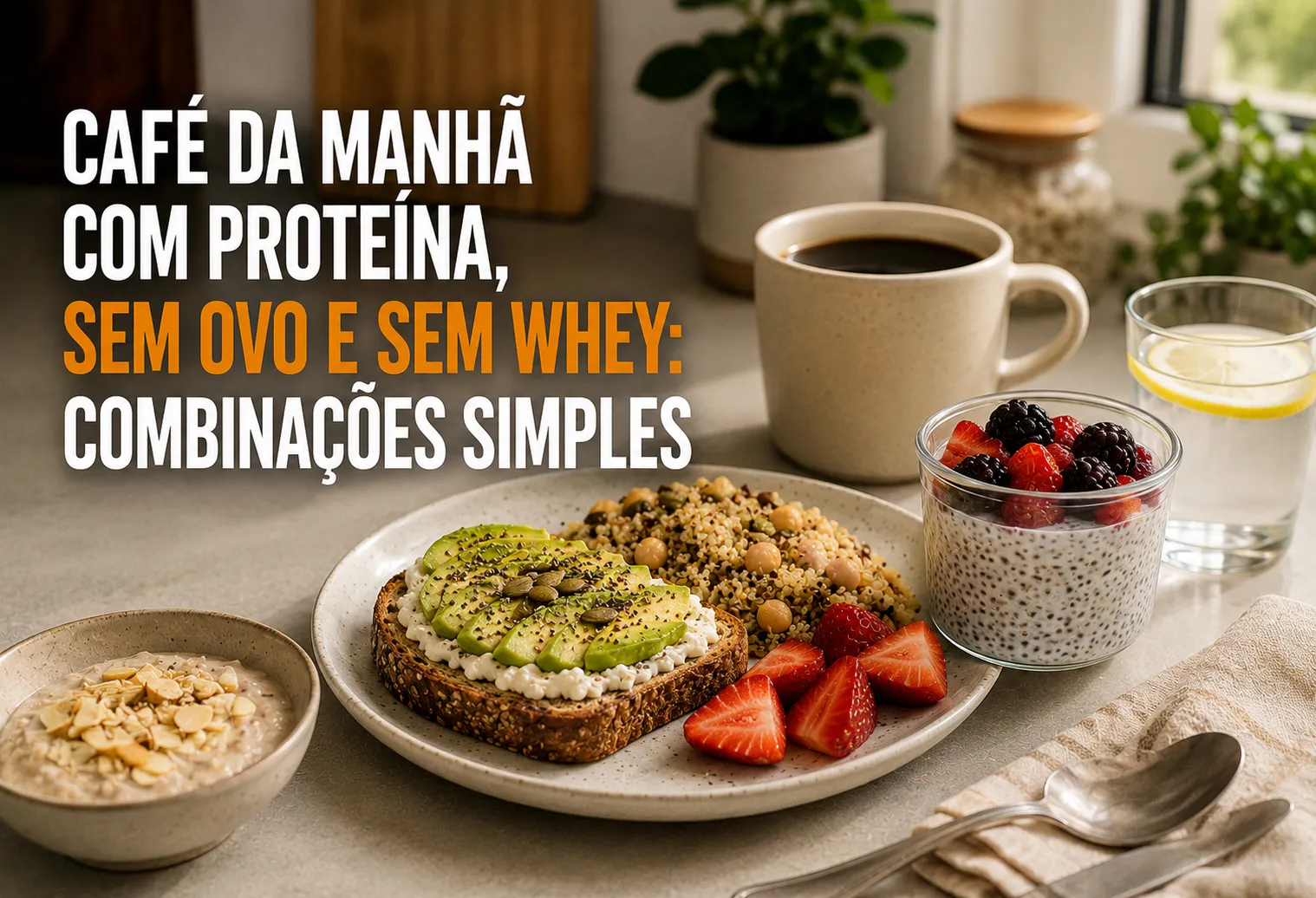 Iogurte com frutas, torradas com pasta de tofu e feijão em louça preta