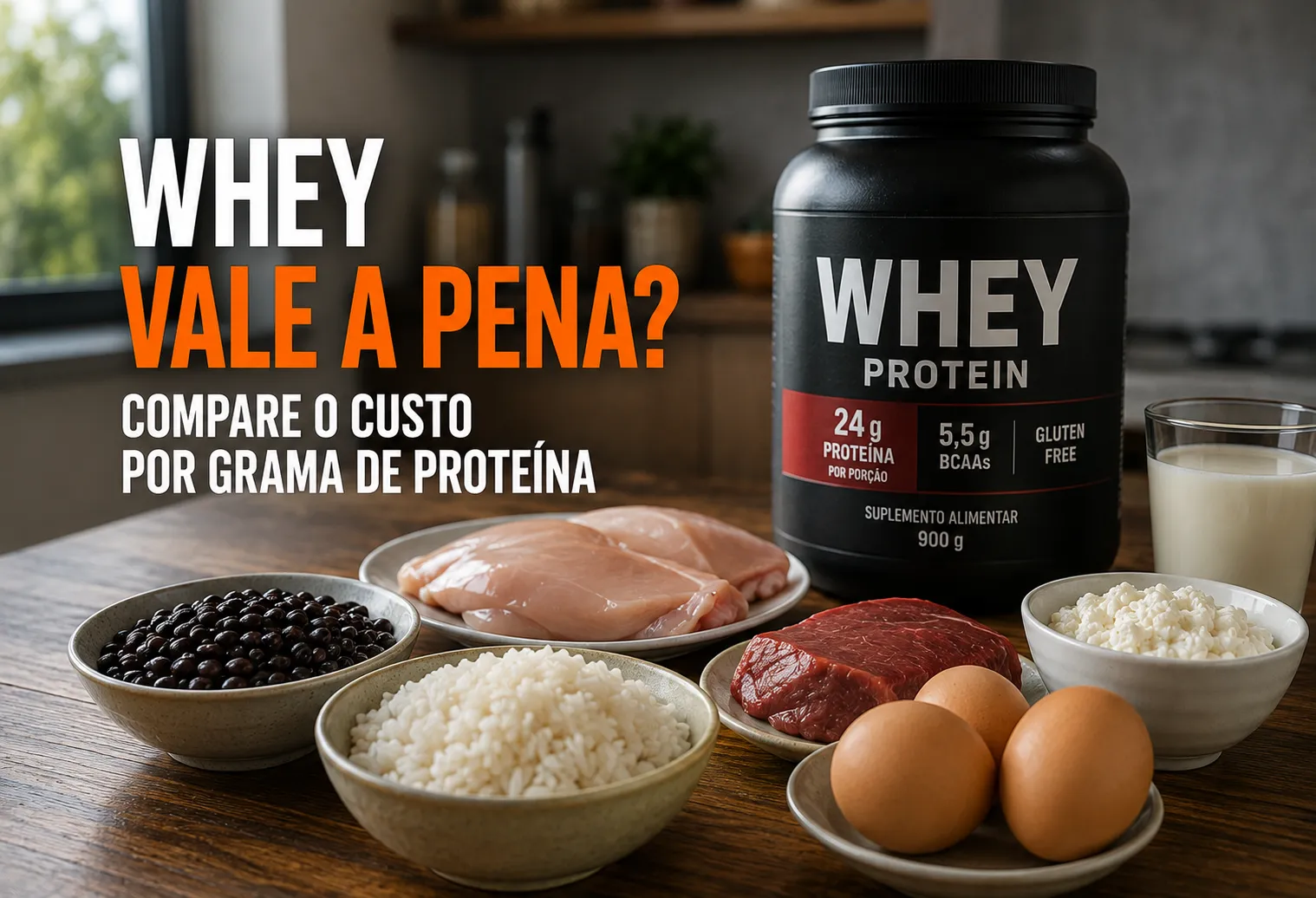 Dois recipientes genéricos de whey com medidas e fichas metálicas sobre uma mesa escura