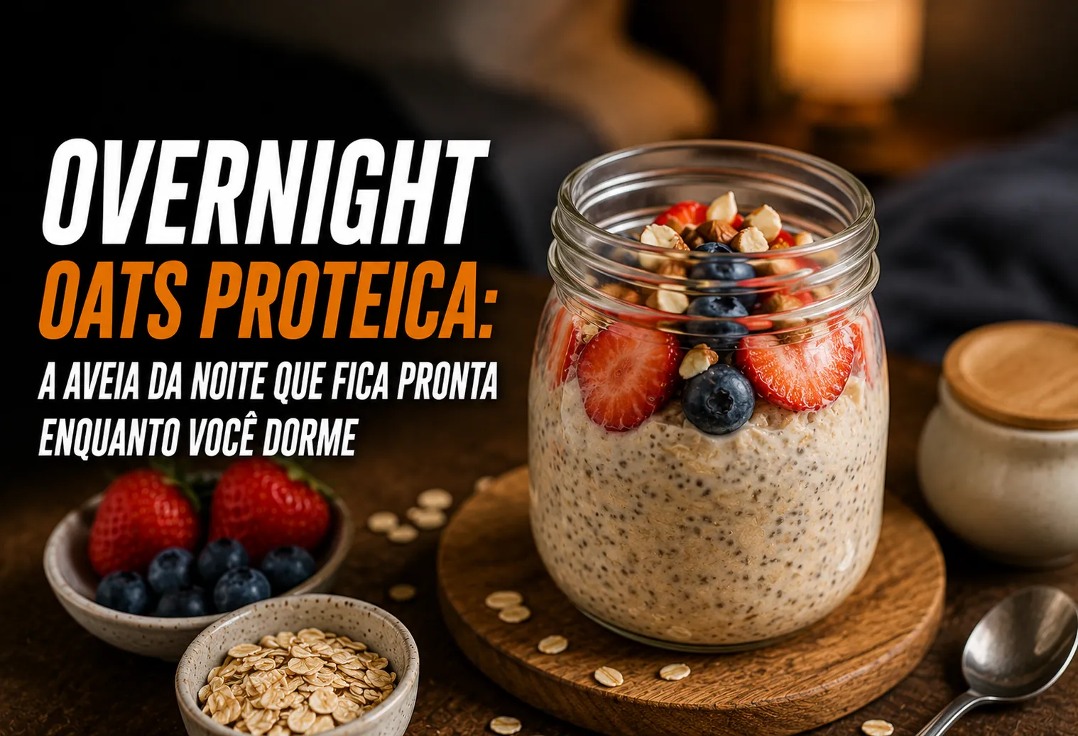 Pote de vidro com aveia dormida cremosa, rodelas de banana e morangos por cima
