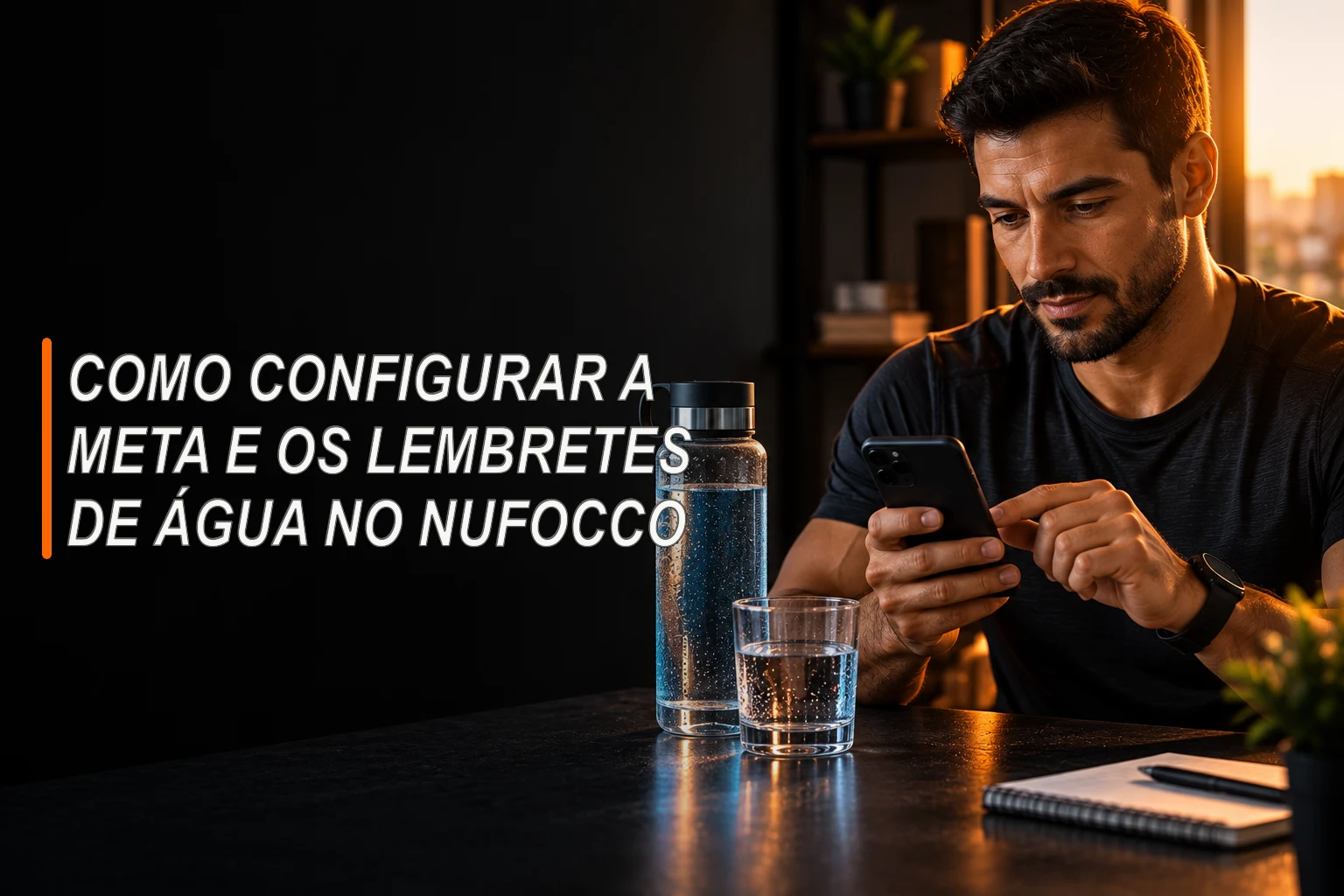 Homem usando o celular ao lado de uma garrafa e um copo de água sobre mesa escura