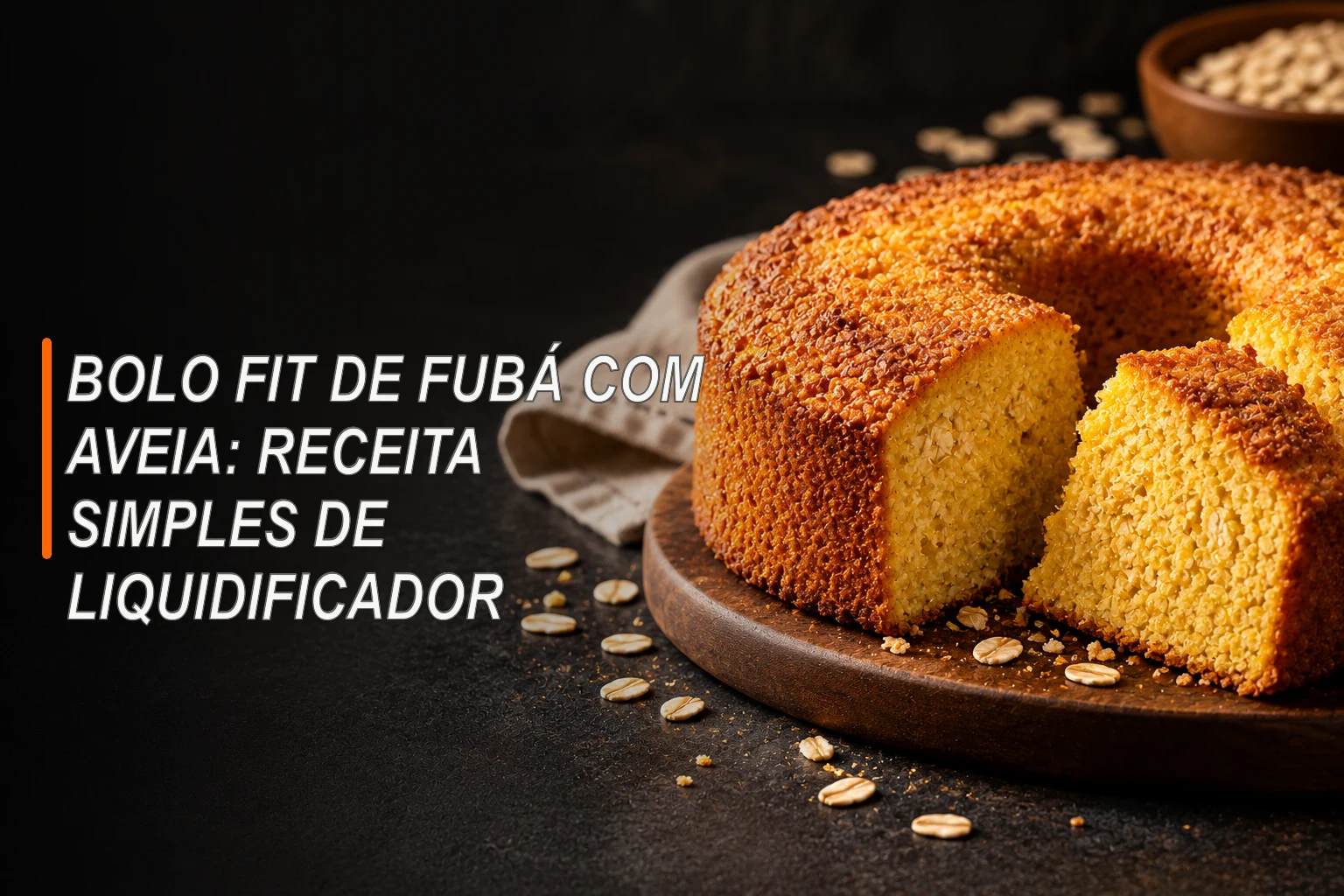 Bolo dourado de fubá com aveia cortado sobre uma mesa escura