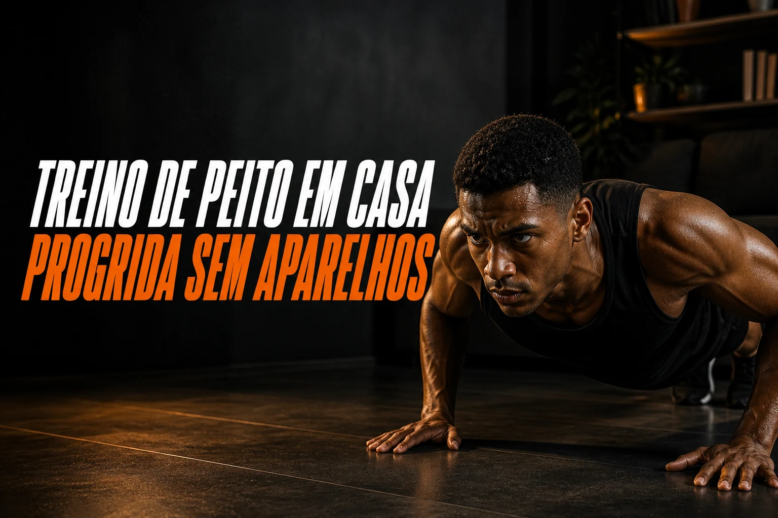 Pessoa adulta fazendo flexão no chão de casa, com postura alinhada e ambiente de treino simples
