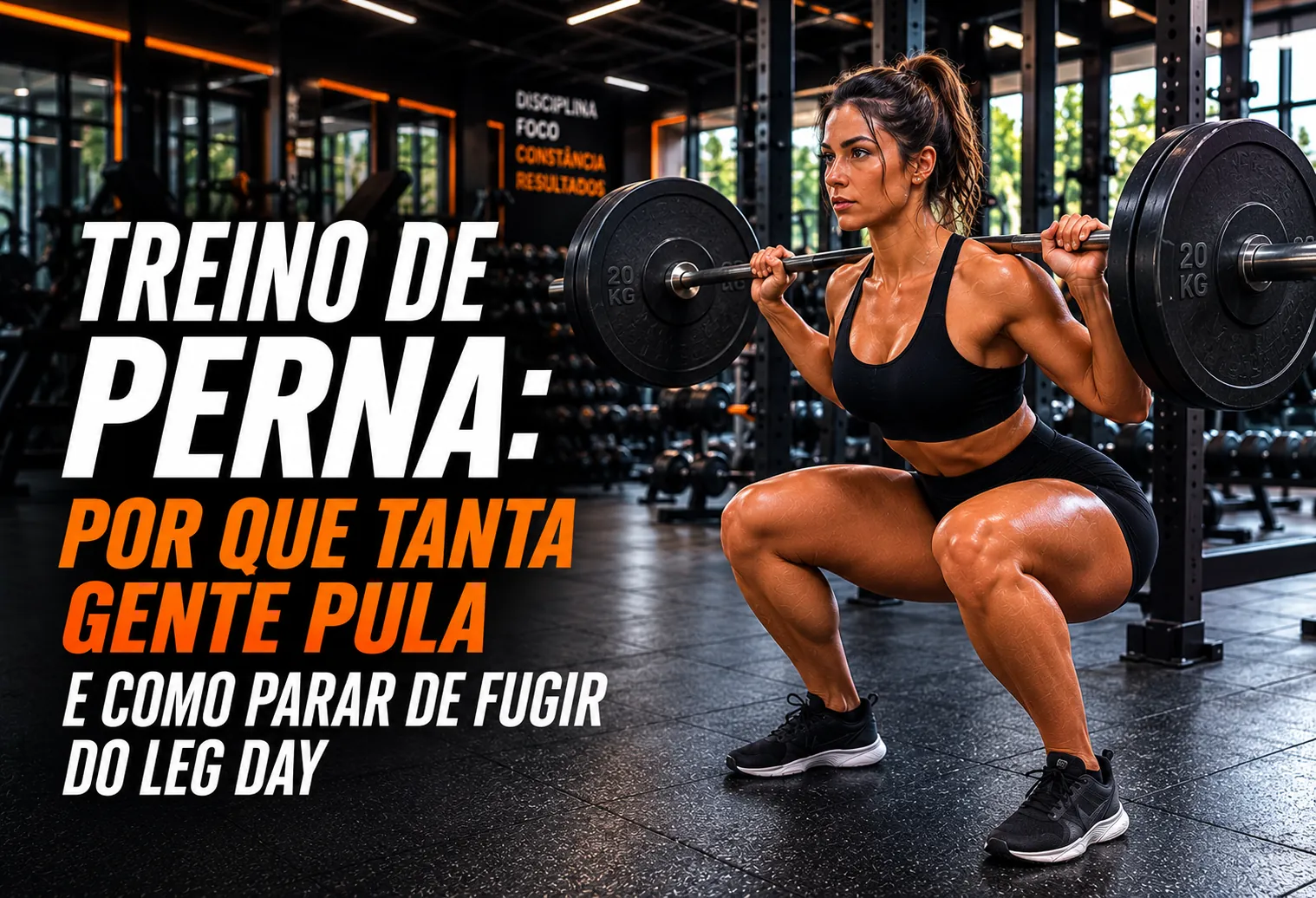 Pessoa agachando com barra no rack de uma academia, foco nas pernas e na postura do movimento