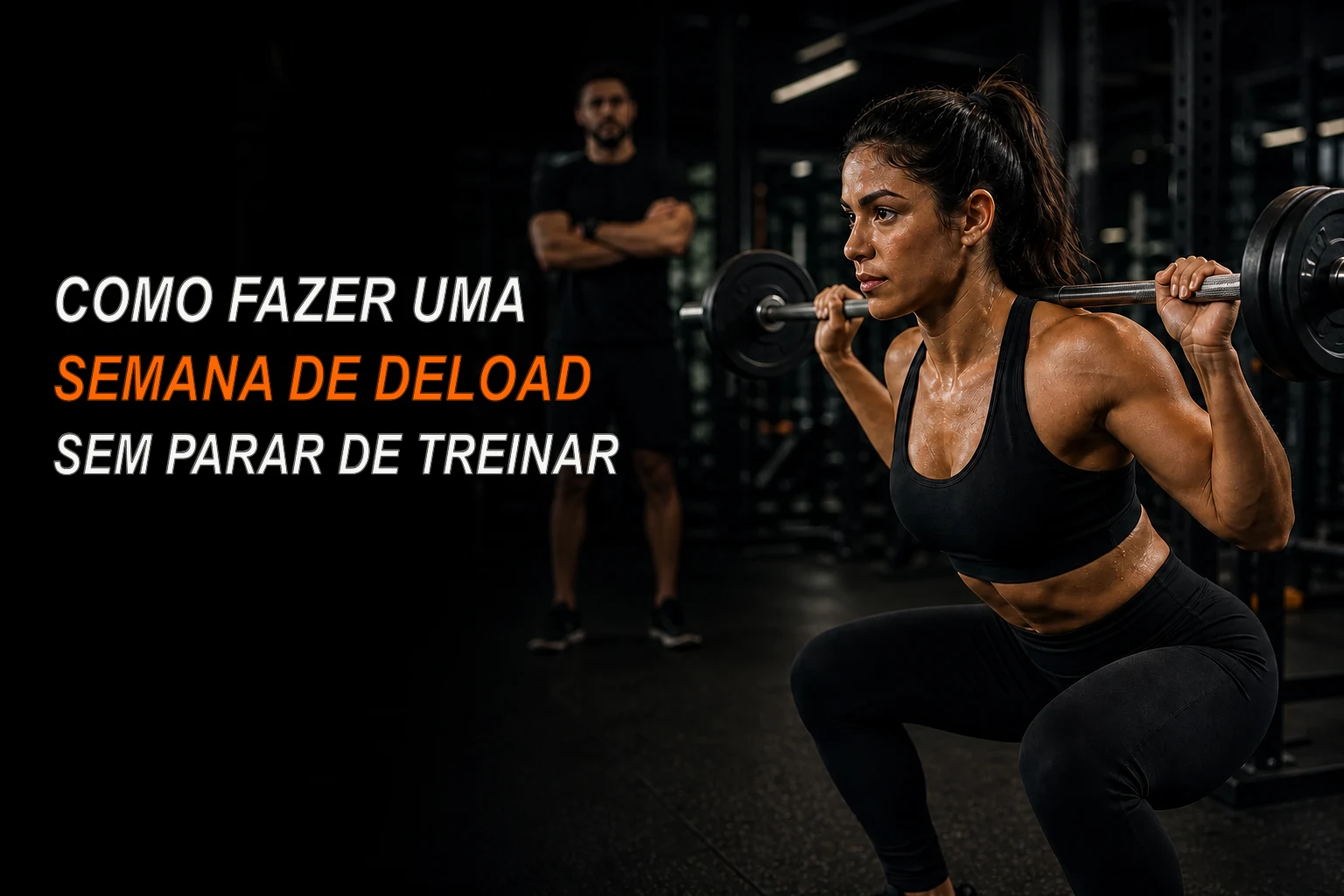 Mulher treinando agachamento com barra leve e poucas anilhas em uma academia de fundo escuro