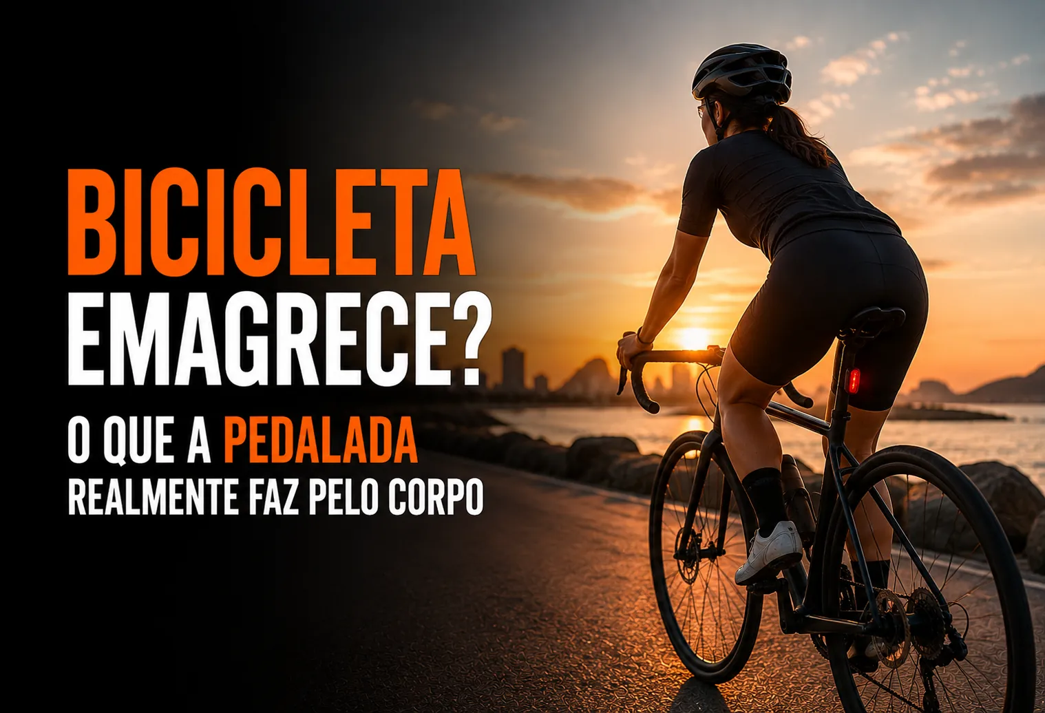 Pessoa pedalando bicicleta em ciclovia arborizada de manhã, roupa de treino, expressão tranquila