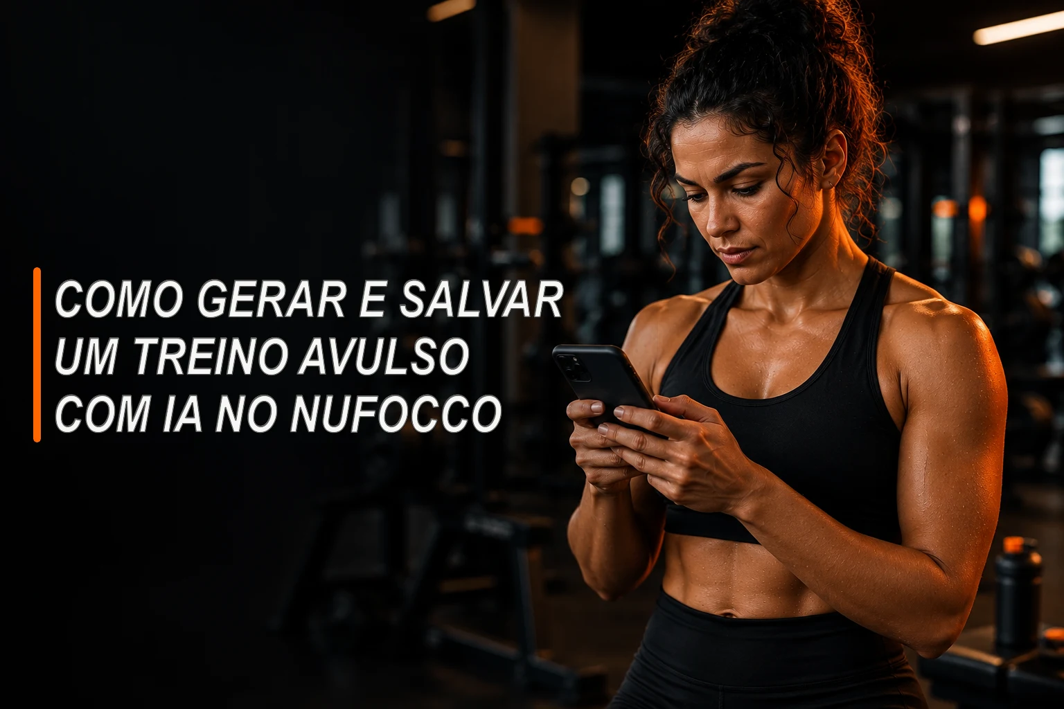 Mulher em uma academia escura configurando um treino no celular.
