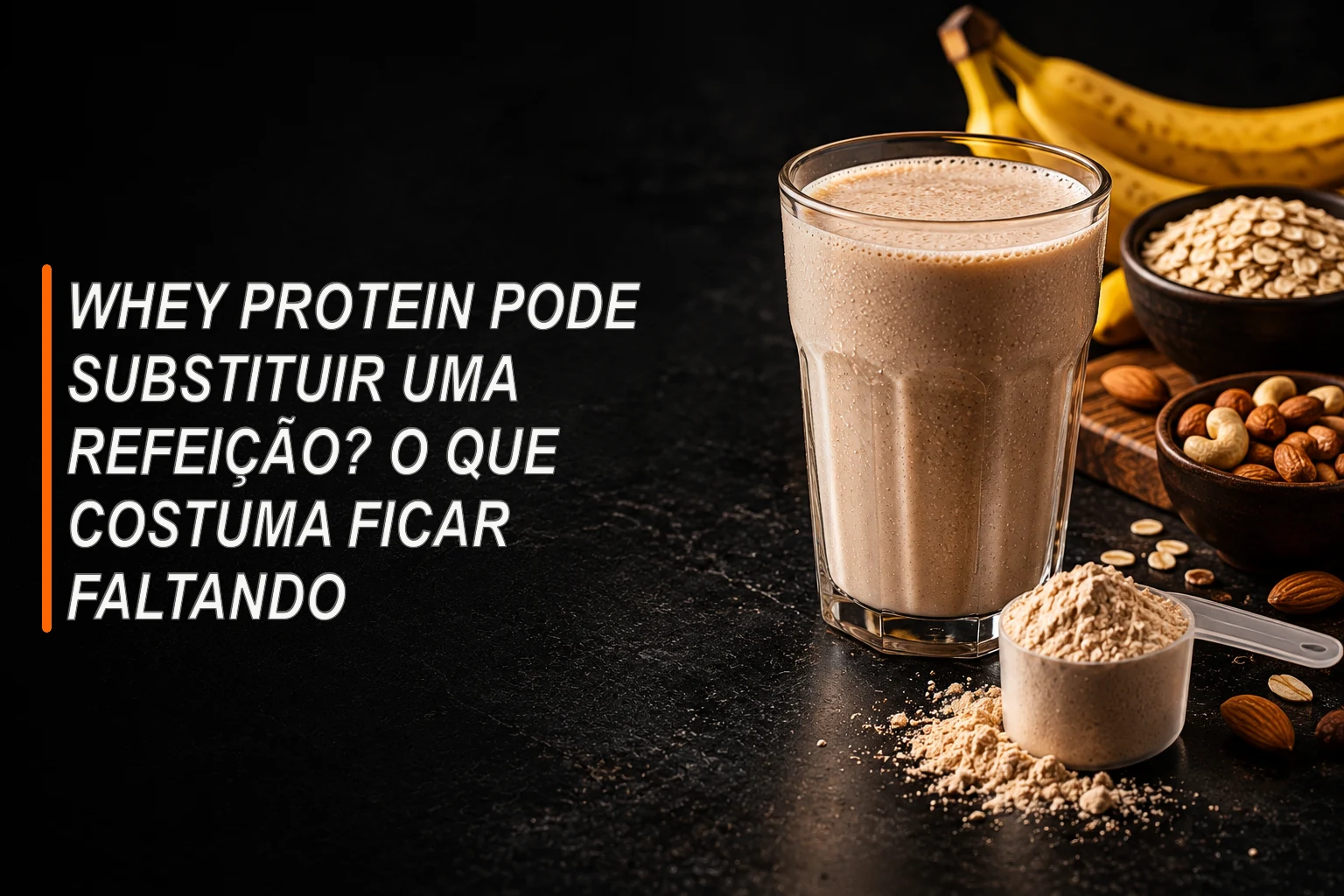 Copo de shake proteico ao lado de alimentos variados sobre uma mesa escura