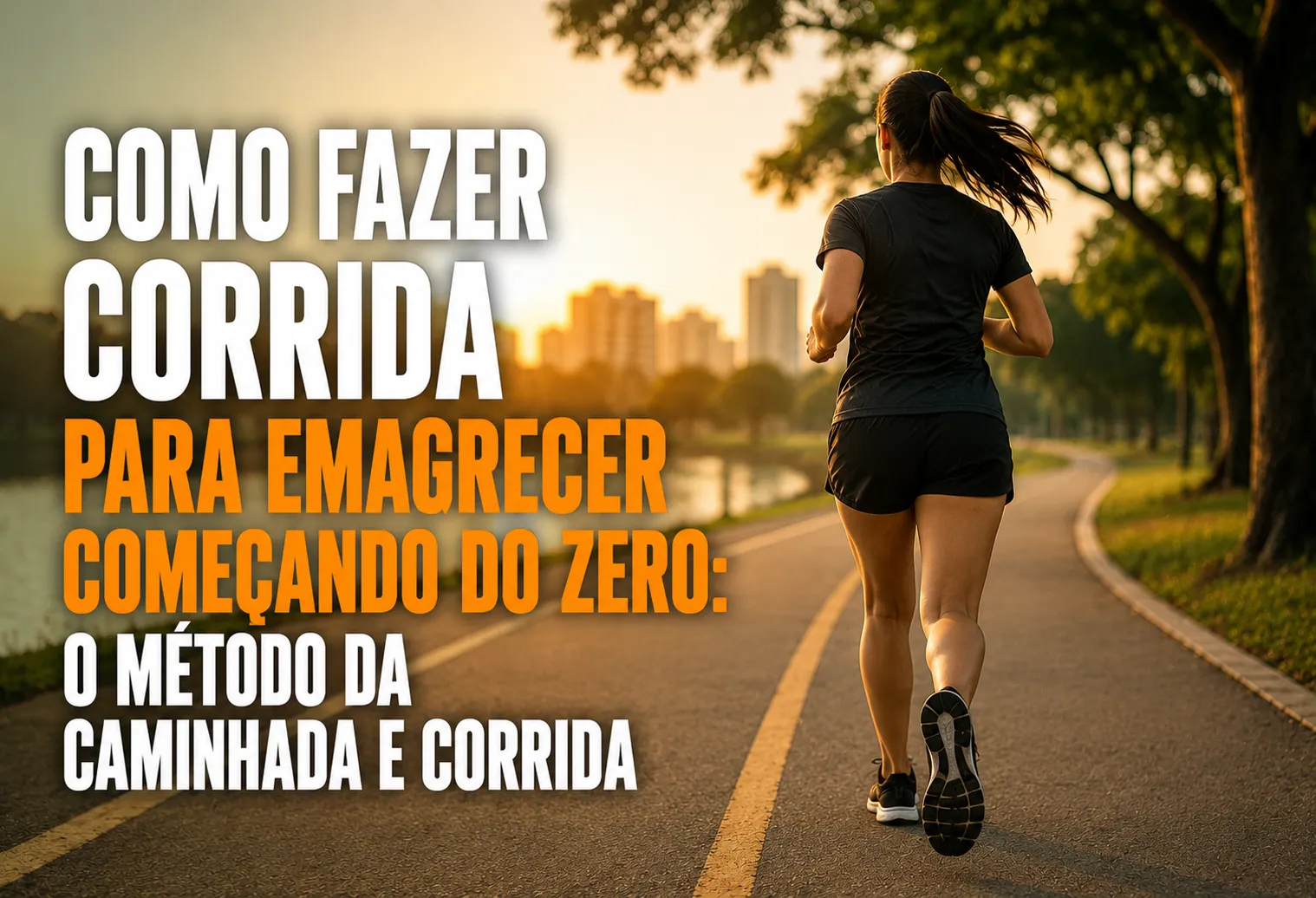 Pessoa alternando caminhada e corrida leve em uma via de parque urbano no fim de tarde
