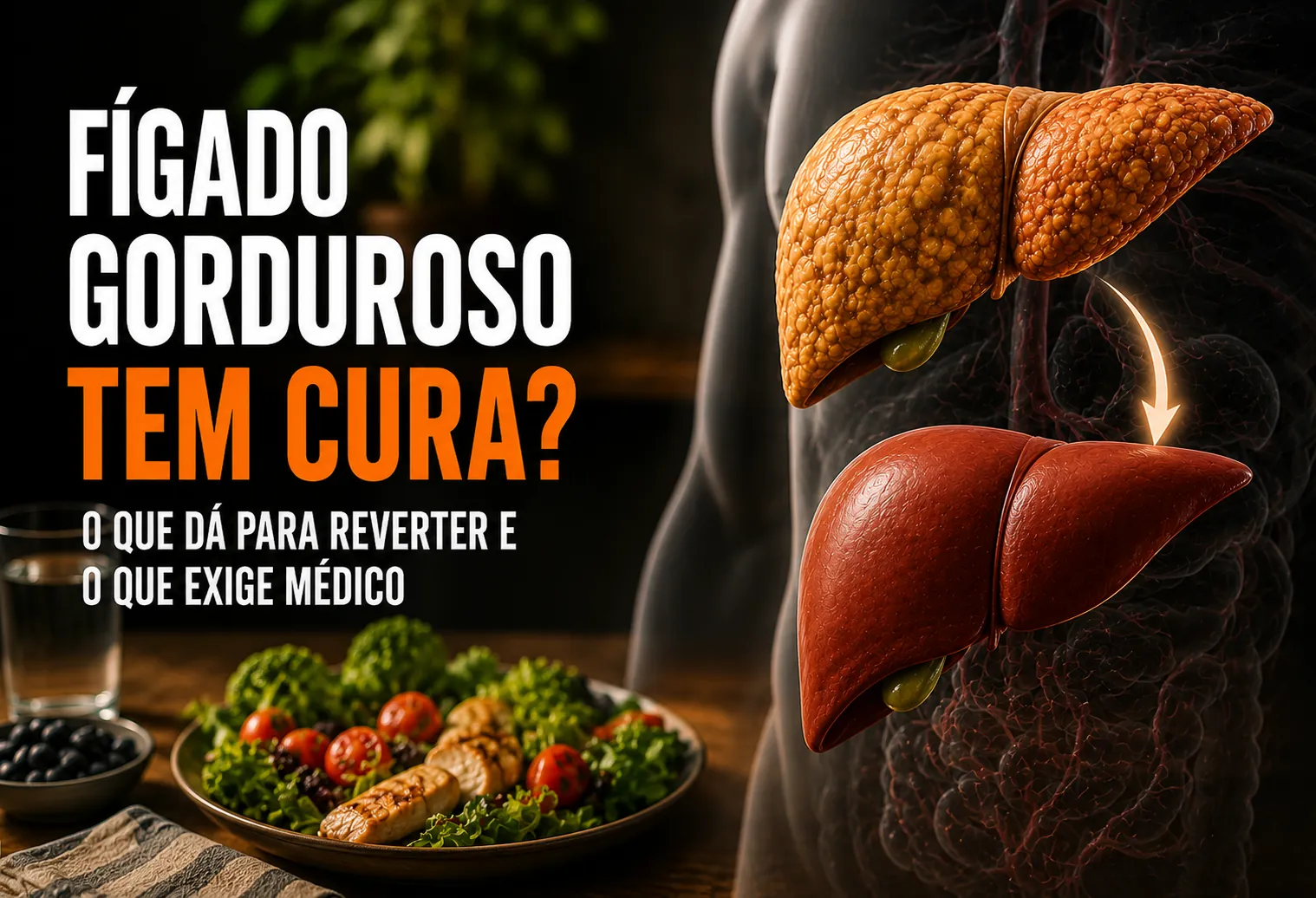 Ilustração de um fígado saudável ao lado de um prato com comida de verdade, verduras, peixe e azeite, representando a reversão da esteatose hepática com mudança de hábito