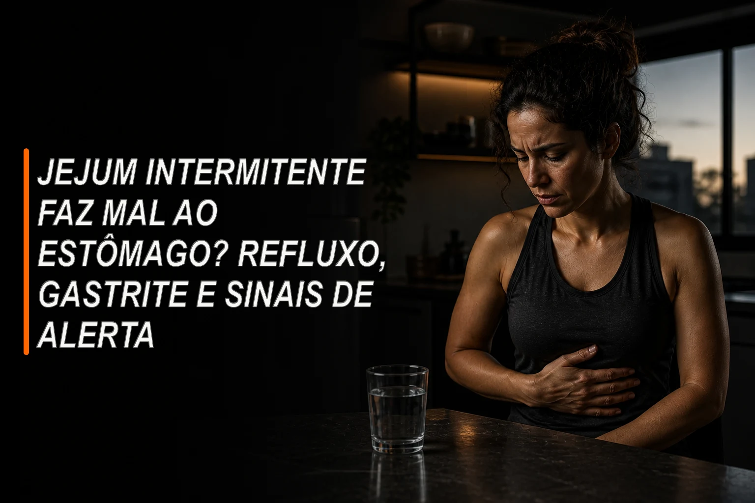 Pessoa sentada à mesa com a mão sobre o estômago diante de uma refeição leve