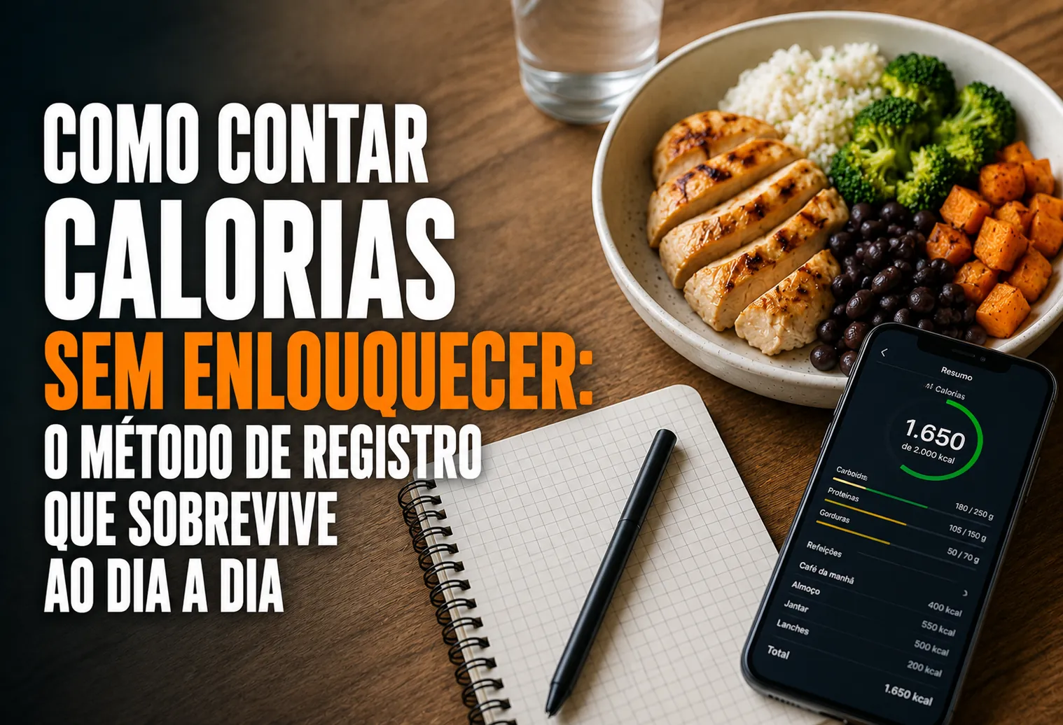 Prato montado sobre balança de cozinha ao lado de celular com app de registro alimentar aberto