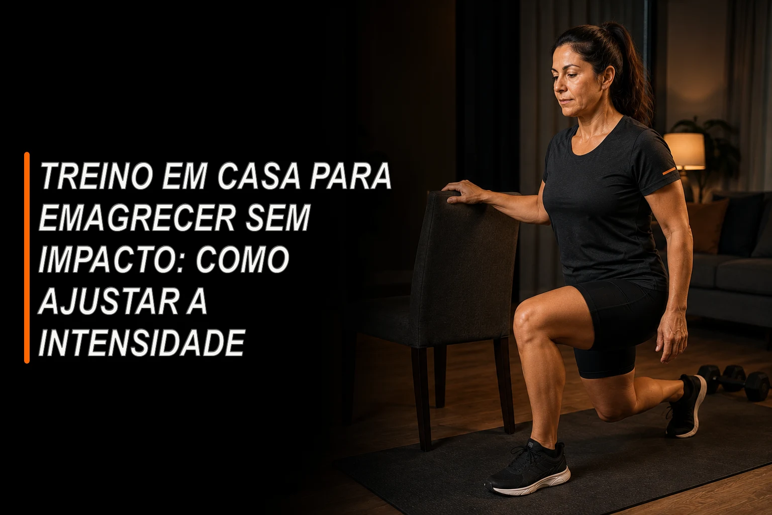 Mulher faz avanço com apoio de cadeira durante treino em casa