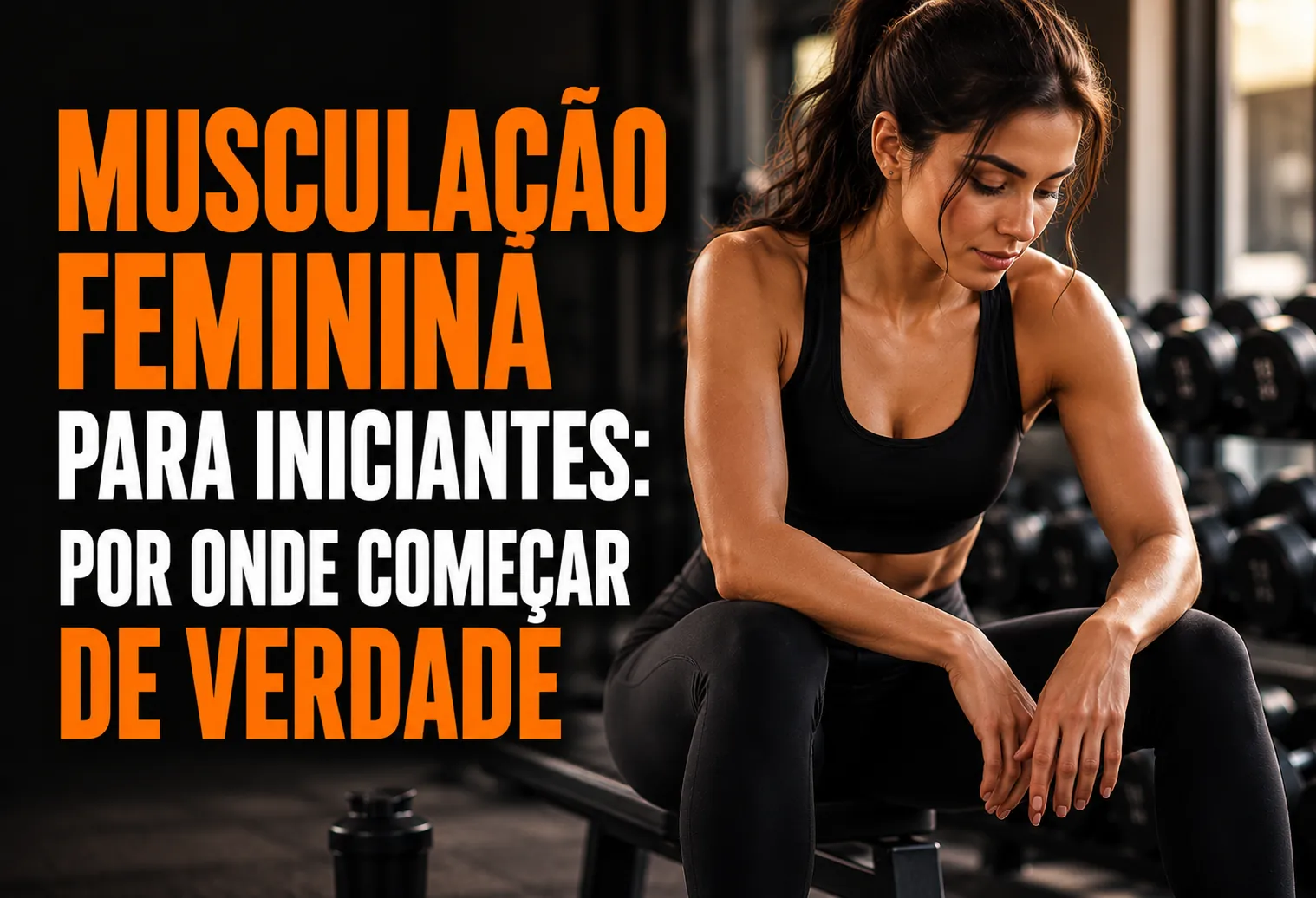 Mulher iniciante segurando halteres na área de pesos livres de uma academia