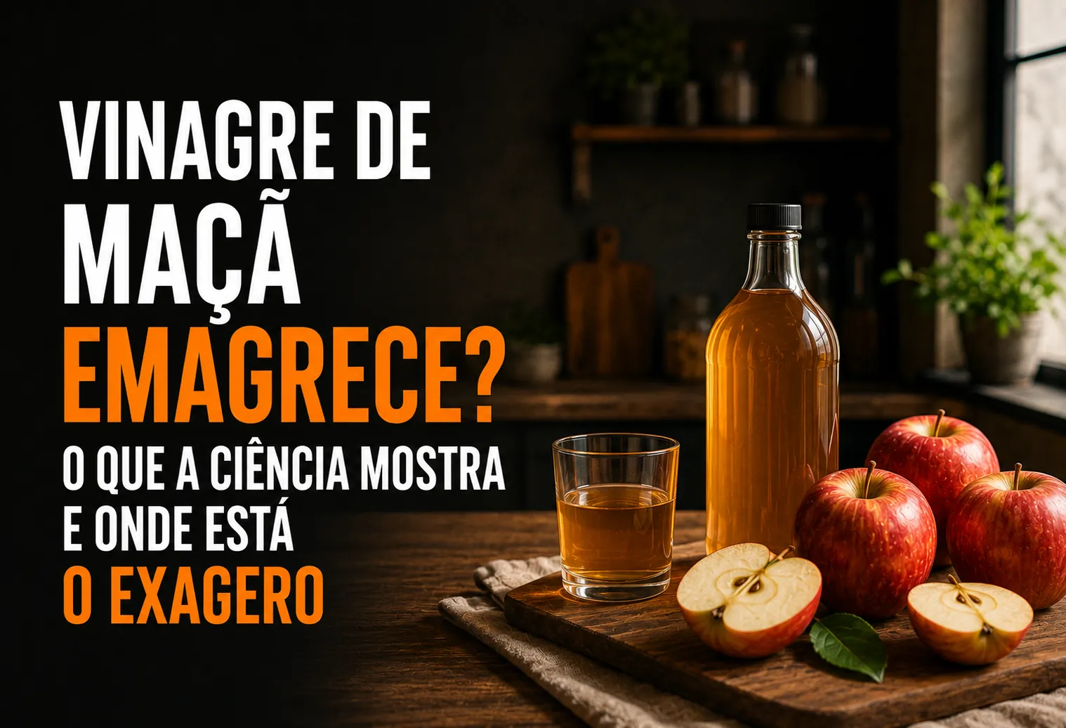 Copo de água com uma colher de vinagre de maçã ao lado de uma garrafa âmbar sobre a bancada da cozinha