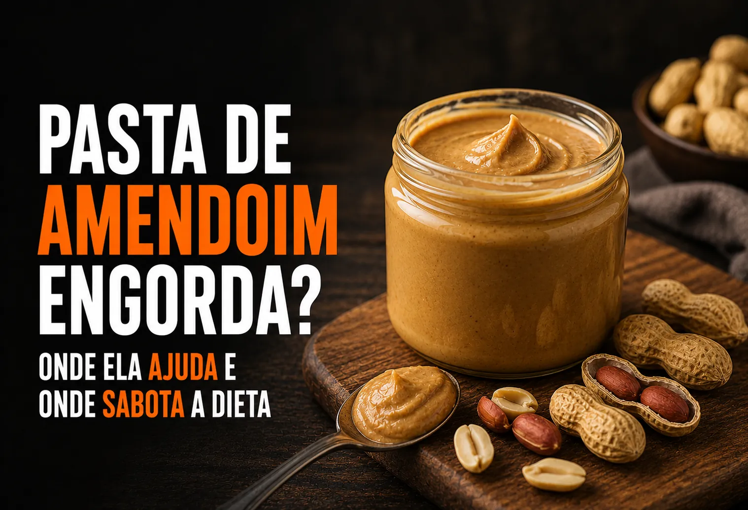 Colher de sopa com pasta de amendoim integral sobre balança de cozinha, ao lado do pote aberto