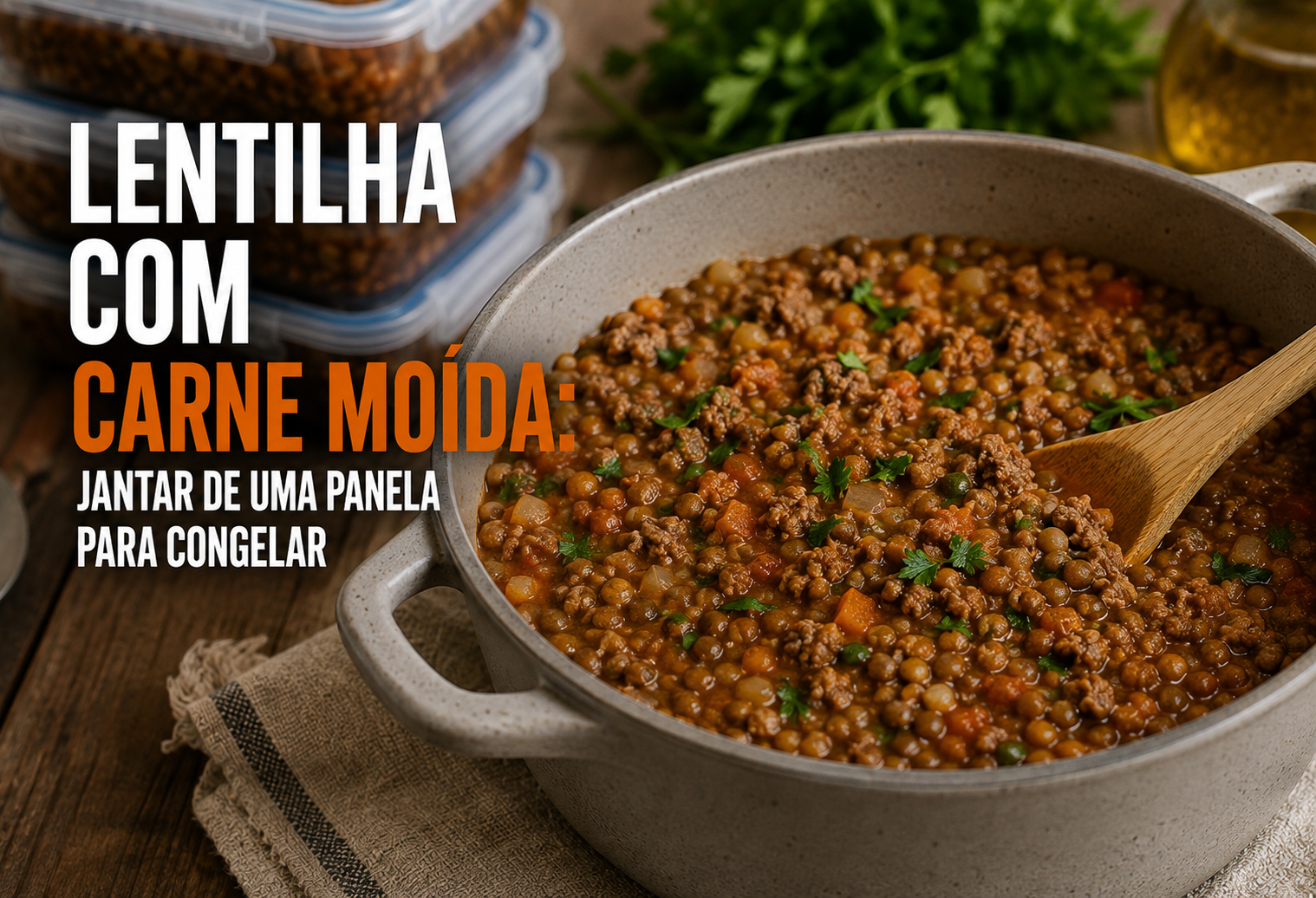 Panela de lentilha com carne moída, cenoura, tomate e folhas verdes