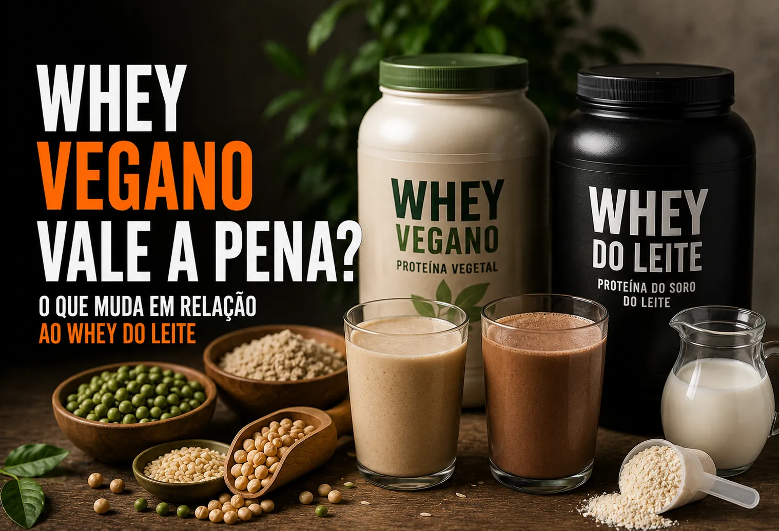 Pote de proteína vegana em pó com dose servida ao lado de tofu, grão de bico e arroz sobre a mesa