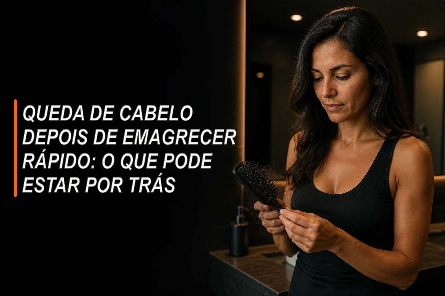 Mulher observa fios de cabelo em uma escova após emagrecimento rápido