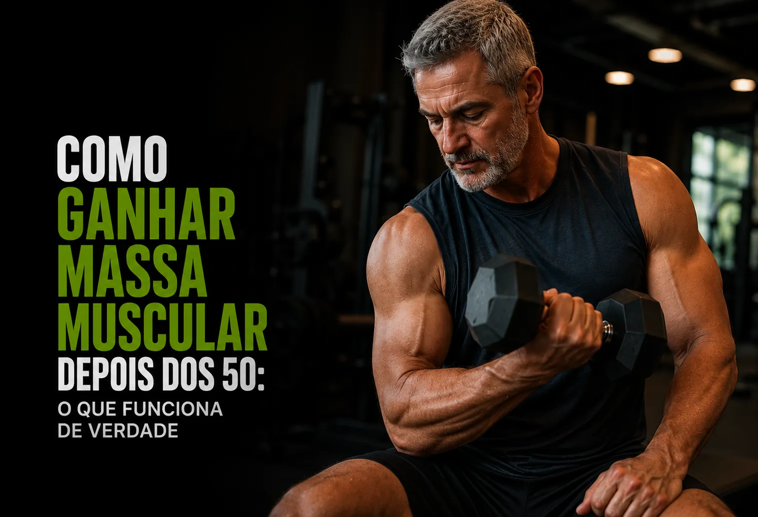 Mulher de cabelos grisalhos fazendo agachamento com halteres em academia, com foco e postura firme