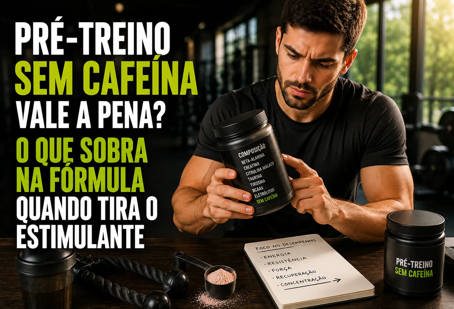 Pote de suplemento pré-treino ao lado de uma dosadora e de um copo com água em um banco de academia