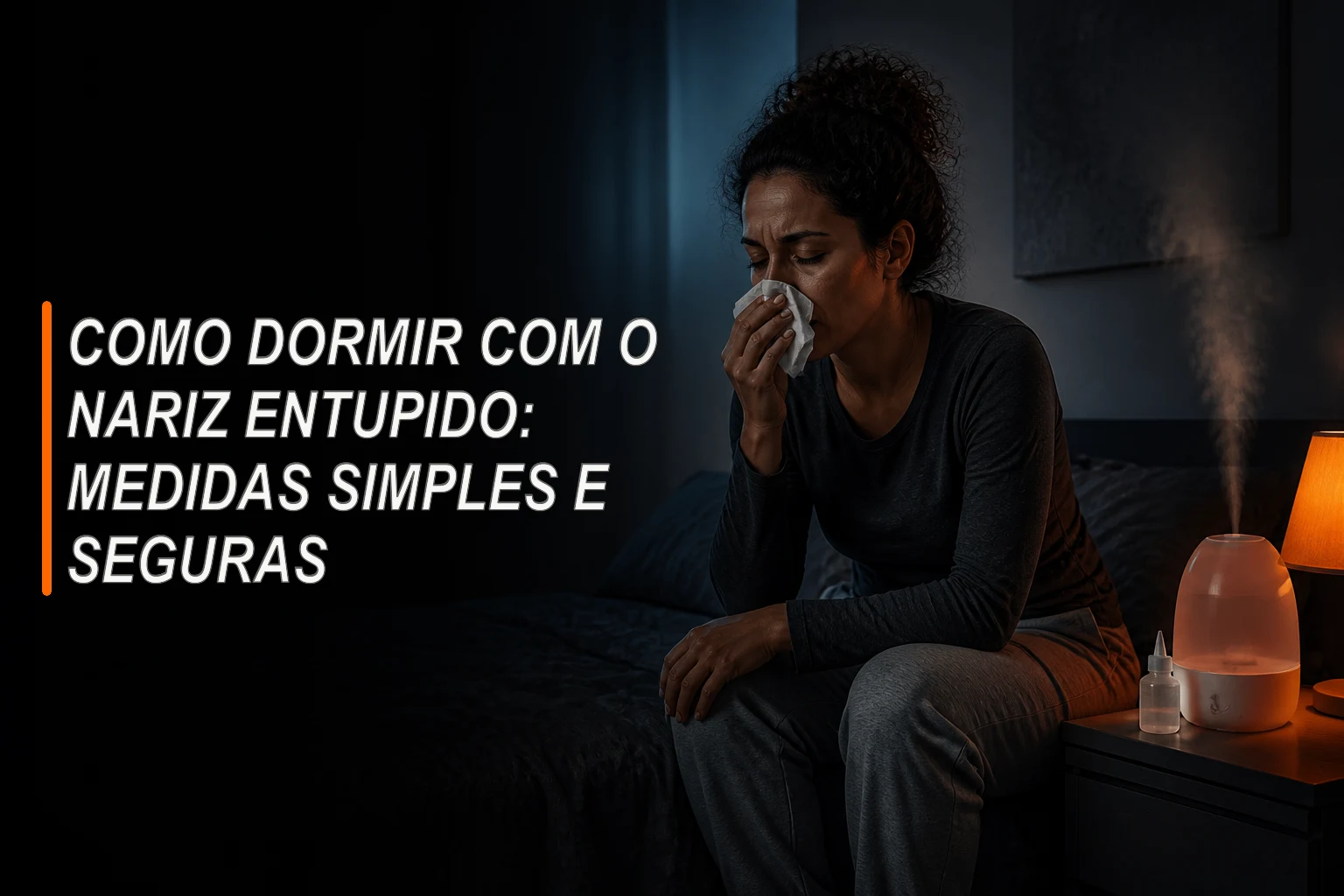 Mulher com nariz entupido sentada na cama ao lado de umidificador e solução salina