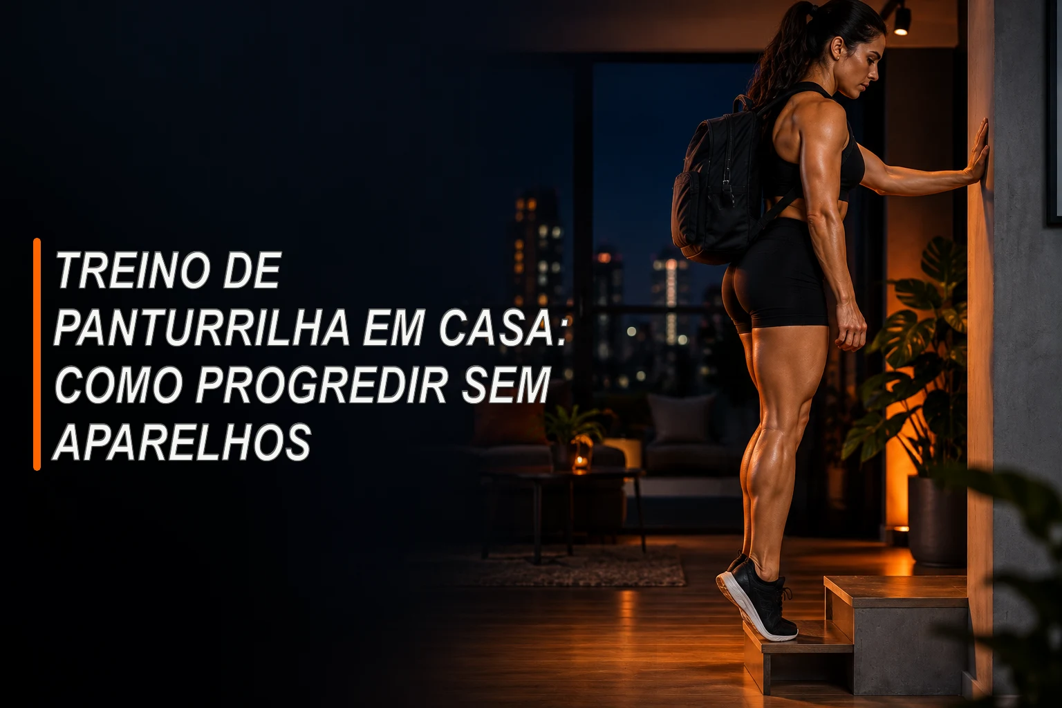 Mulher fazendo elevação de panturrilha em um degrau com mochila como carga