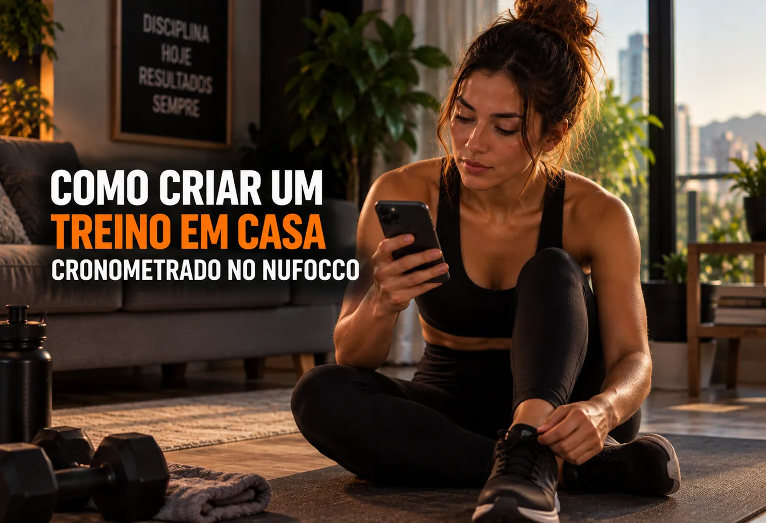 Mulher ajustando o celular ao lado de equipamentos para um treino cronometrado em casa