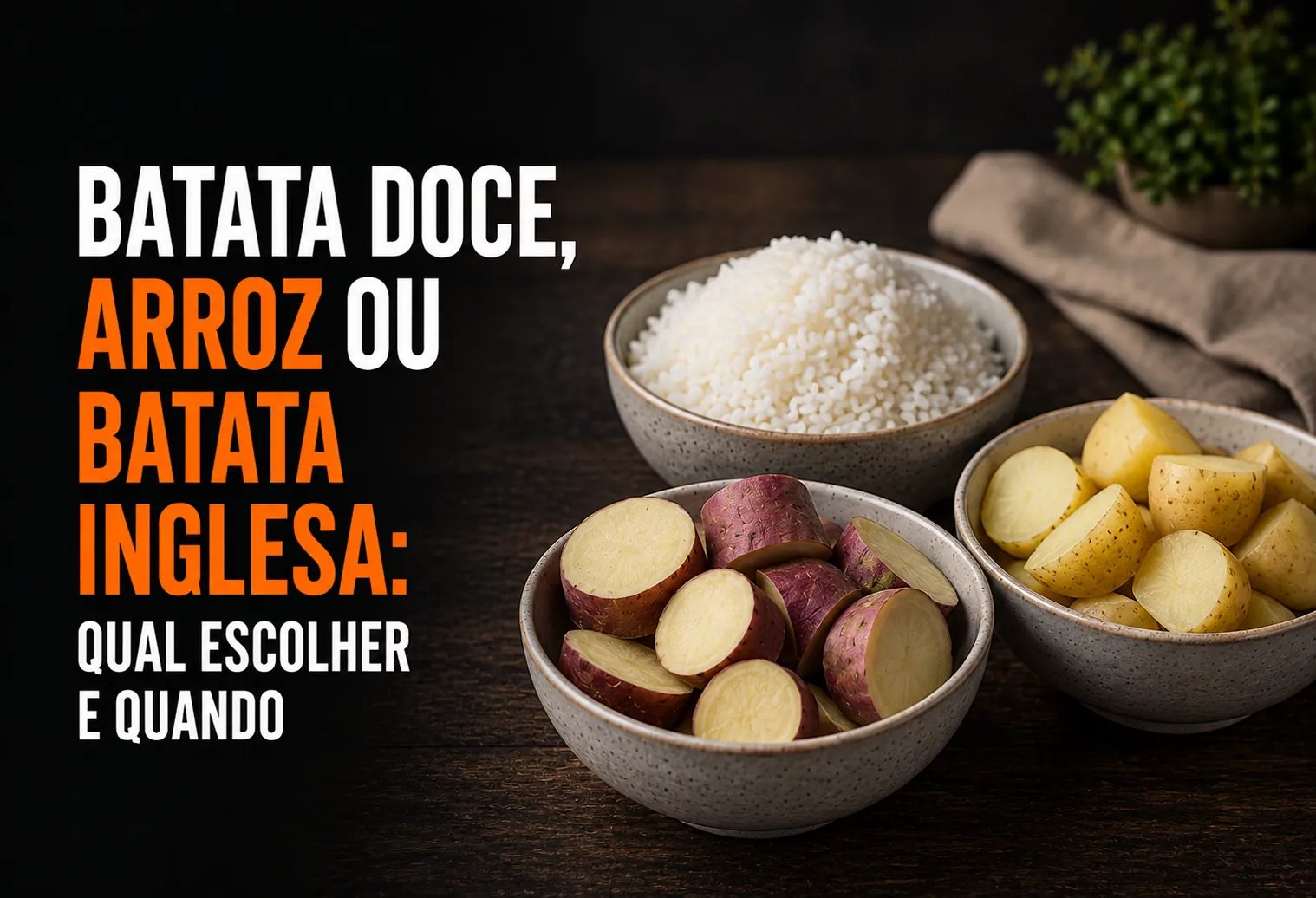 Batata doce, arroz branco e batata inglesa cozida lado a lado numa bancada de cozinha
